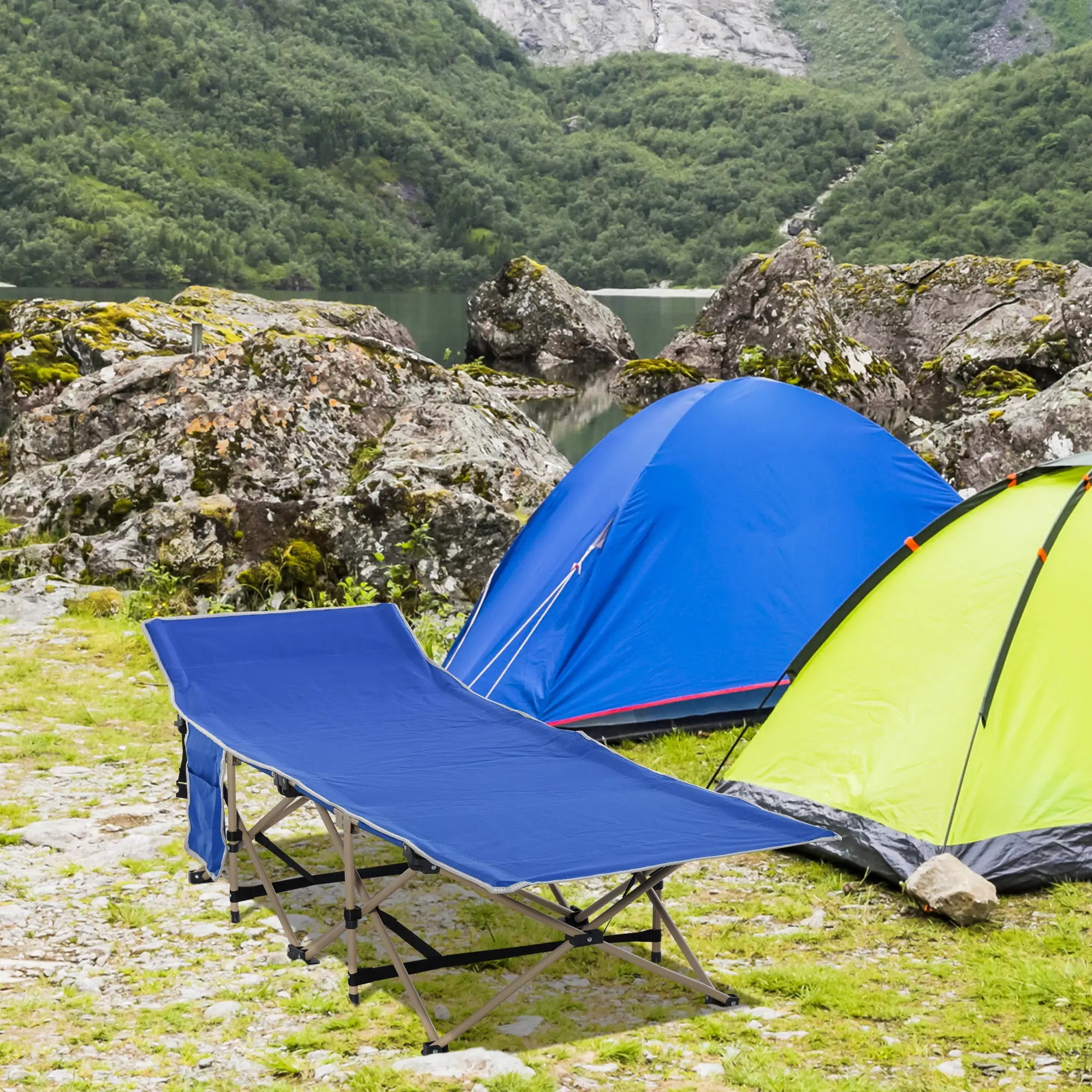 Folding Camping Cot for Adults, with Carry Bag, Side Pocket, Navy Blue Camping Cots at Gallery Canada