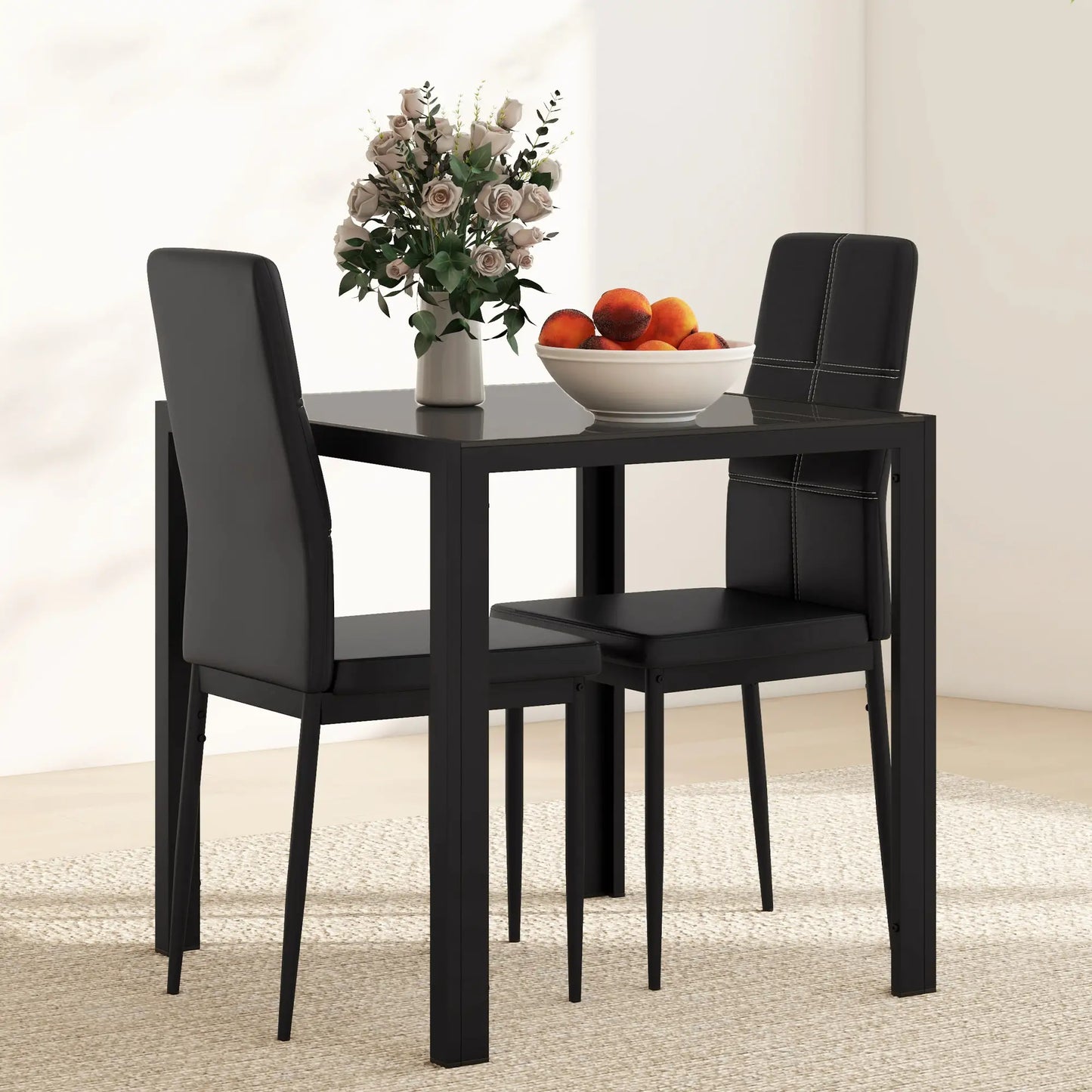 3-Piece Rectangular Glass Dining Table, Metal Frame, Faux Leather Chairs, Black Bar Sets at Gallery Canada