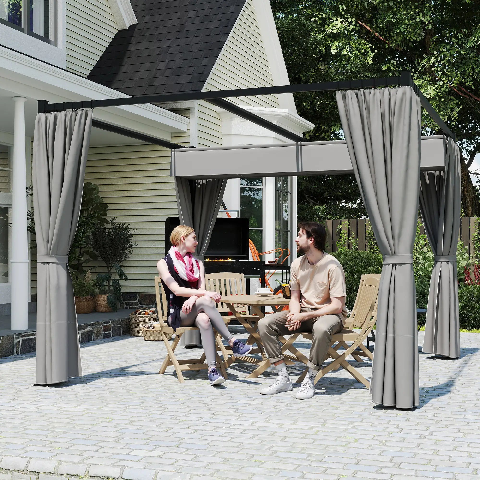 10' x 10' Retractable Pergola, Garden Gazebo with Curtains, Light Grey Pergolas at Gallery Canada