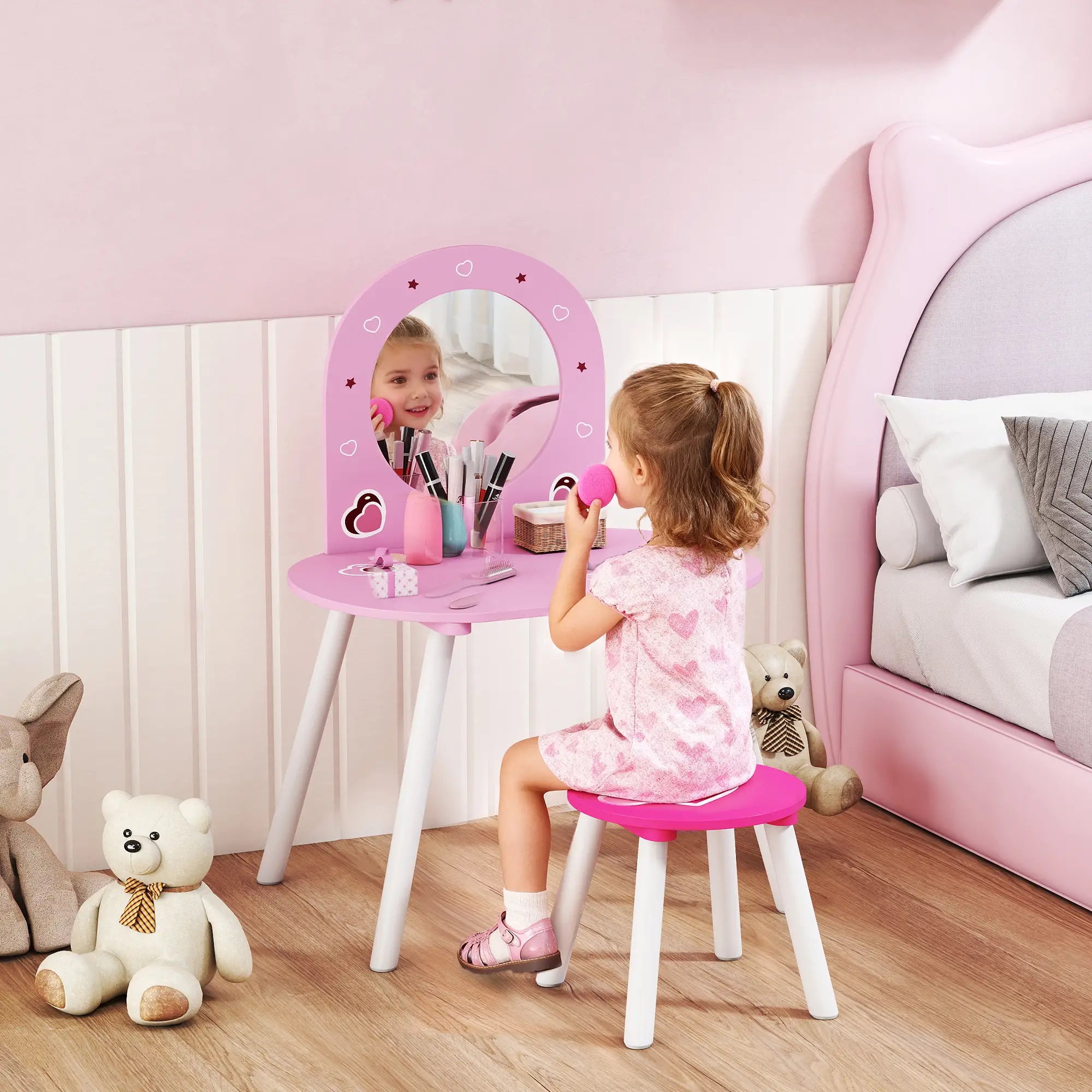 Kids Dressing Table with Mirror and Stool, Girls Vanity Set, Pink Toy Vanity at Gallery Canada