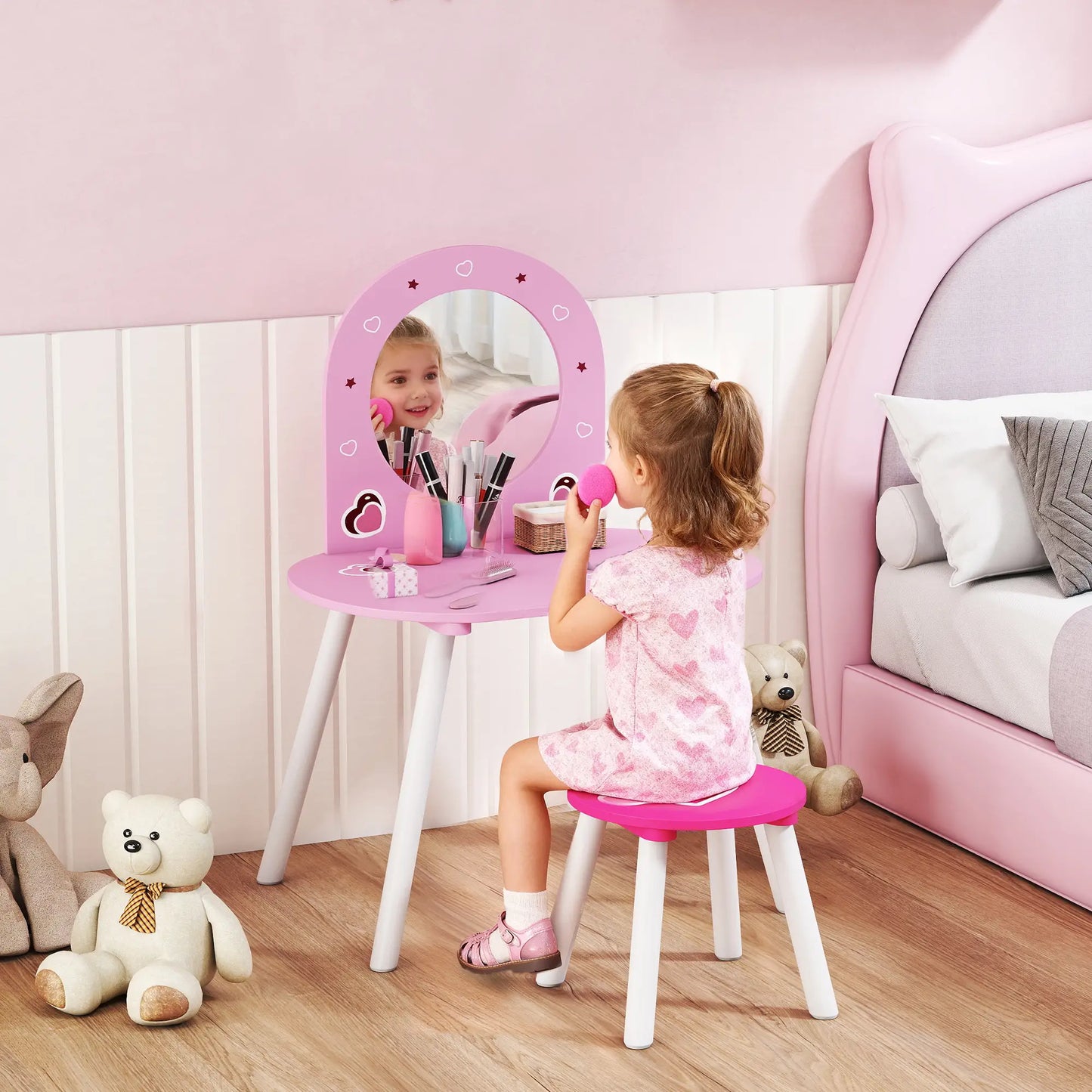 Kids Dressing Table with Mirror and Stool, Girls Vanity Set, Pink Toy Vanity at Gallery Canada
