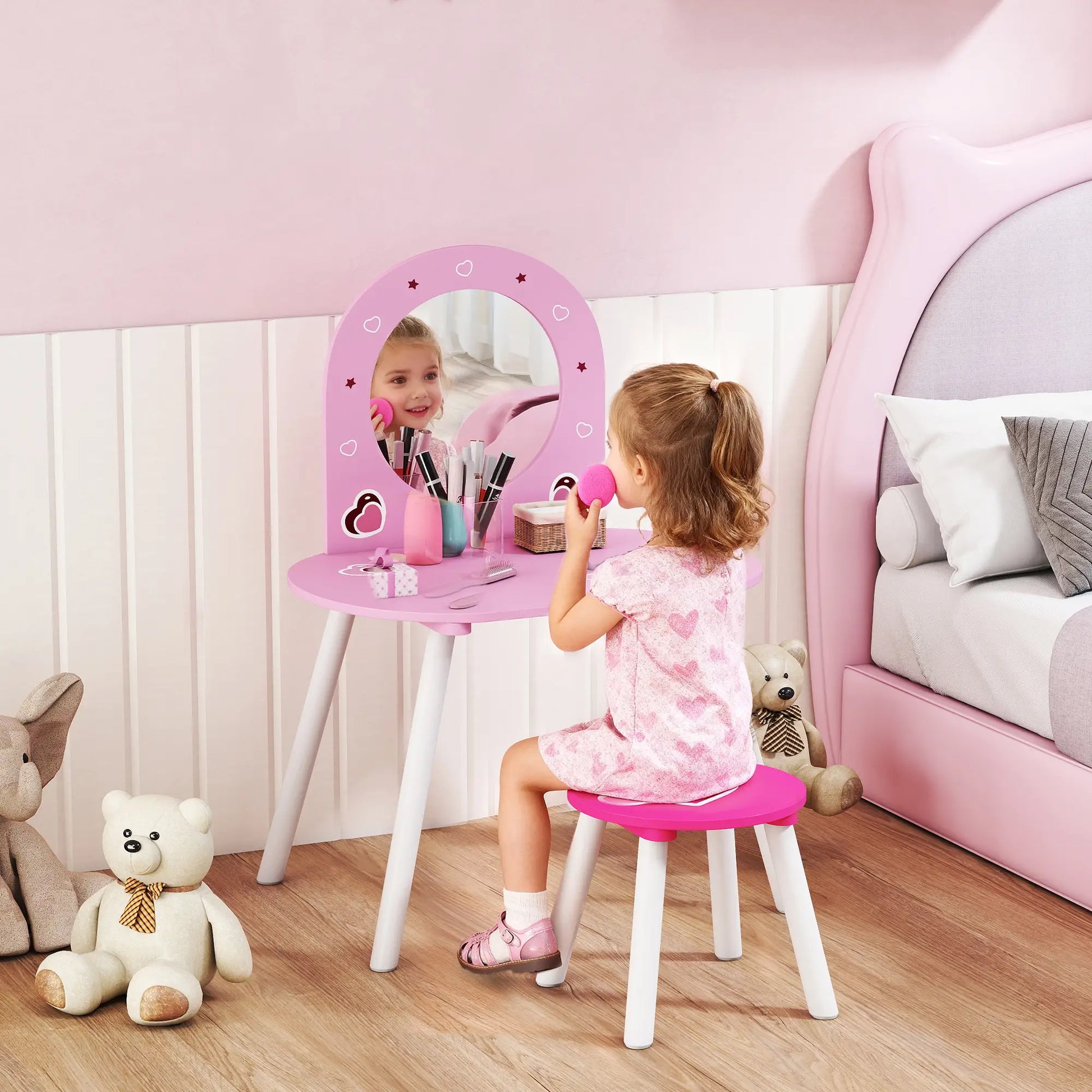 Kids Dressing Table with Mirror and Stool, Girls Vanity Set, Pink Toy Vanity at Gallery Canada