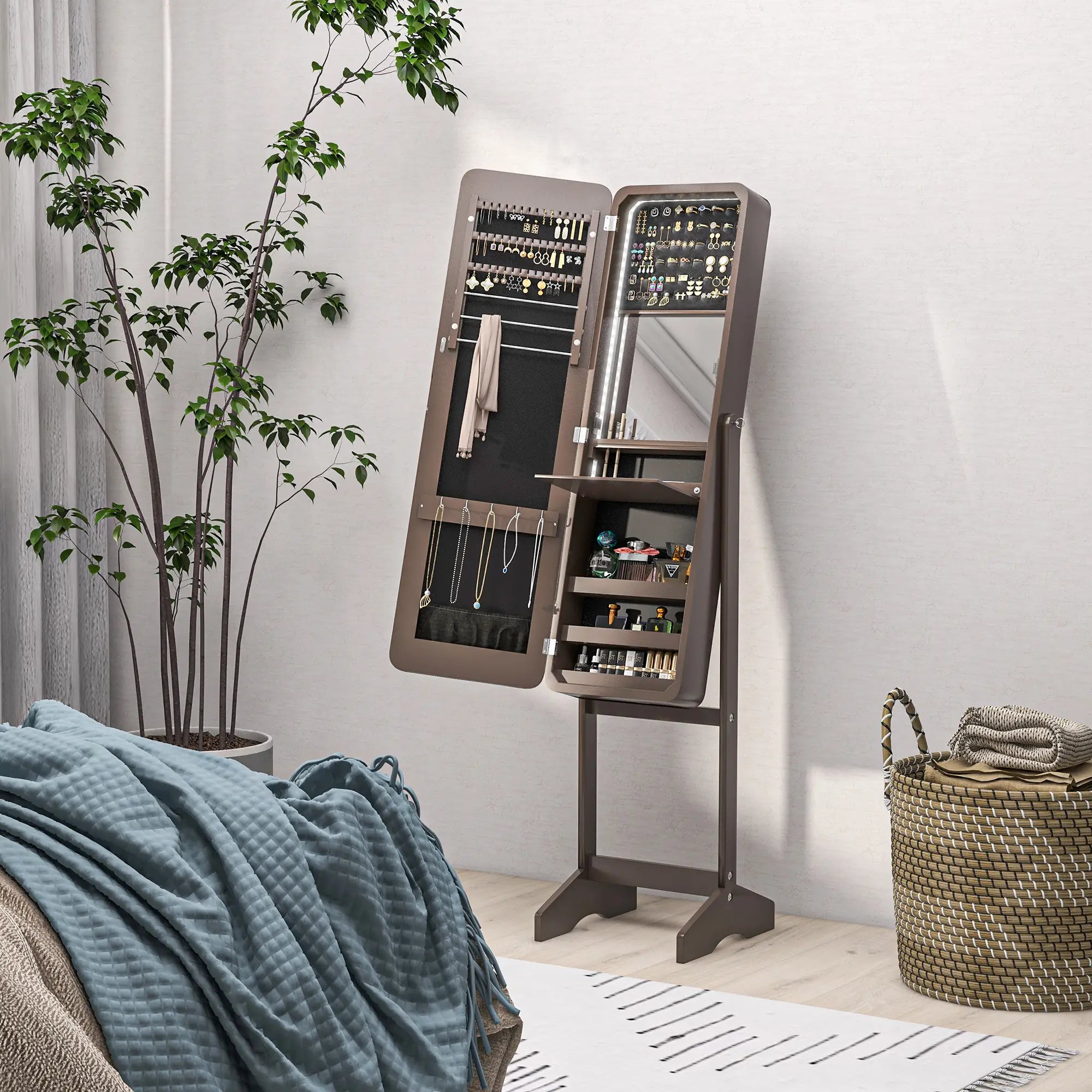 Standing Jewelry Cabinet with LED, Adjustable Mirror, Brown Jewelry Armoire & Jewellery Mirror Cabinets at Gallery Canada