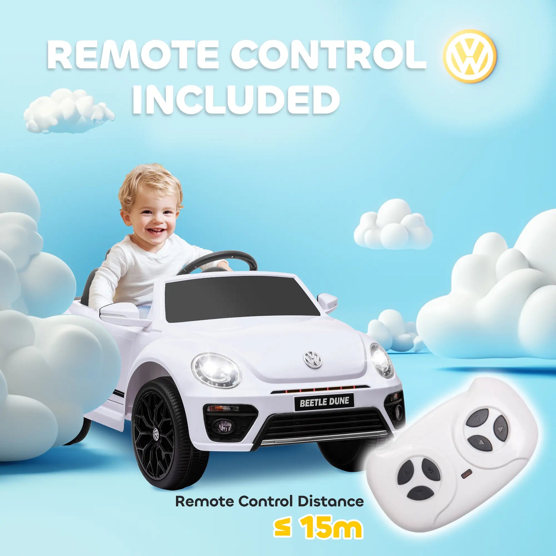 12V Volkswagen Beetle Kids Electric Car, Remote Control, White Electric Toy Cars at Gallery Canada