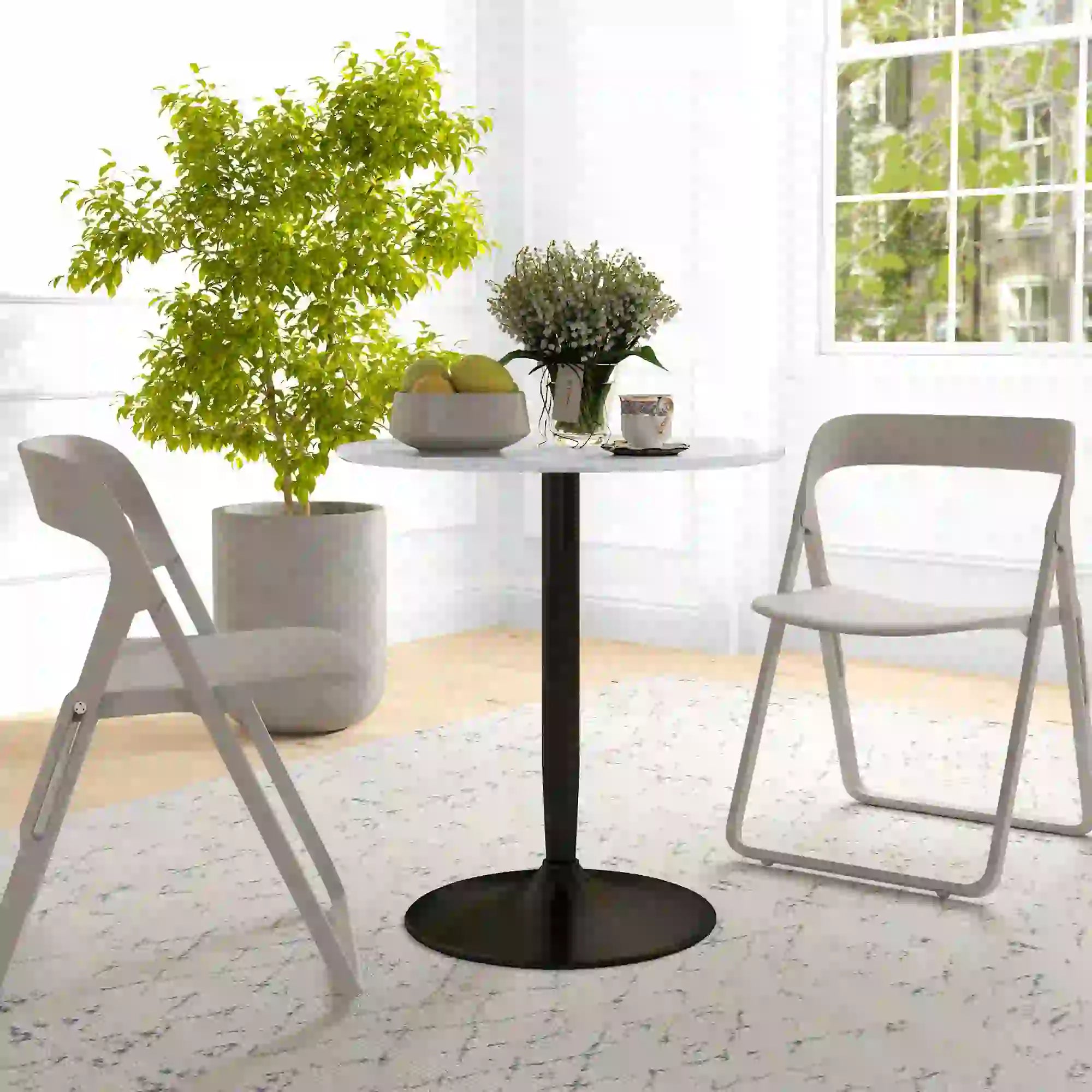 Modern Round Kitchen Table for 2, Steel Base, White Marble, White Dining Tables at Gallery Canada
