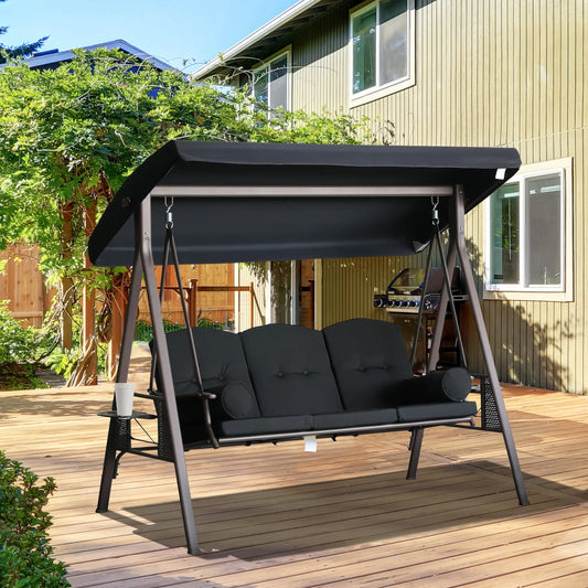 3-Person Steel Canopy Swing, Cushioned Seat, Side Trays, Black Patio Swings with Stand Black at Gallery Canada