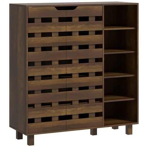 21 Pair Shoe Cabinet, 5-Tier Double Door, 5-Tier Open Shelves, Brown