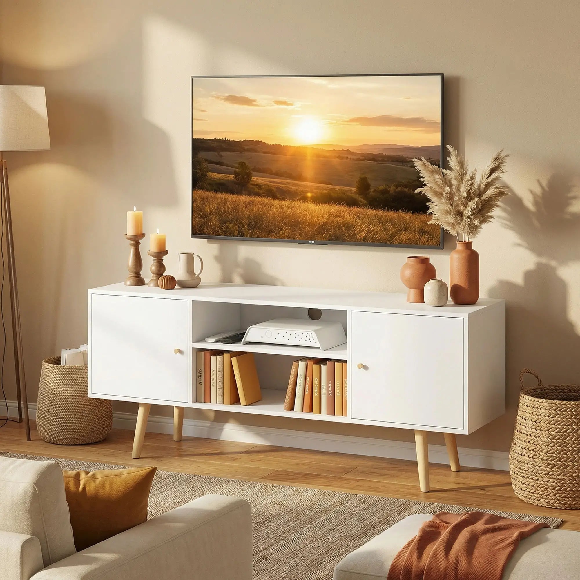 TV Stand for 55 Inches, Storage Shelves, Wood Legs, White TV Stands at Gallery Canada