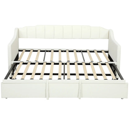 Upholstered Twin Trundle Bed, Extendable Twin To King, Cream White