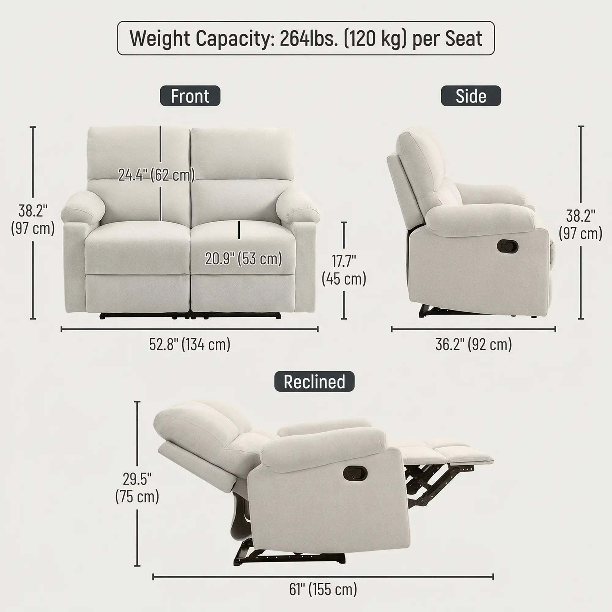 2 Seater Reclining Chair, Loveseat with Footrest, Cream White Sofas & Reclining Chairs at Gallery Canada