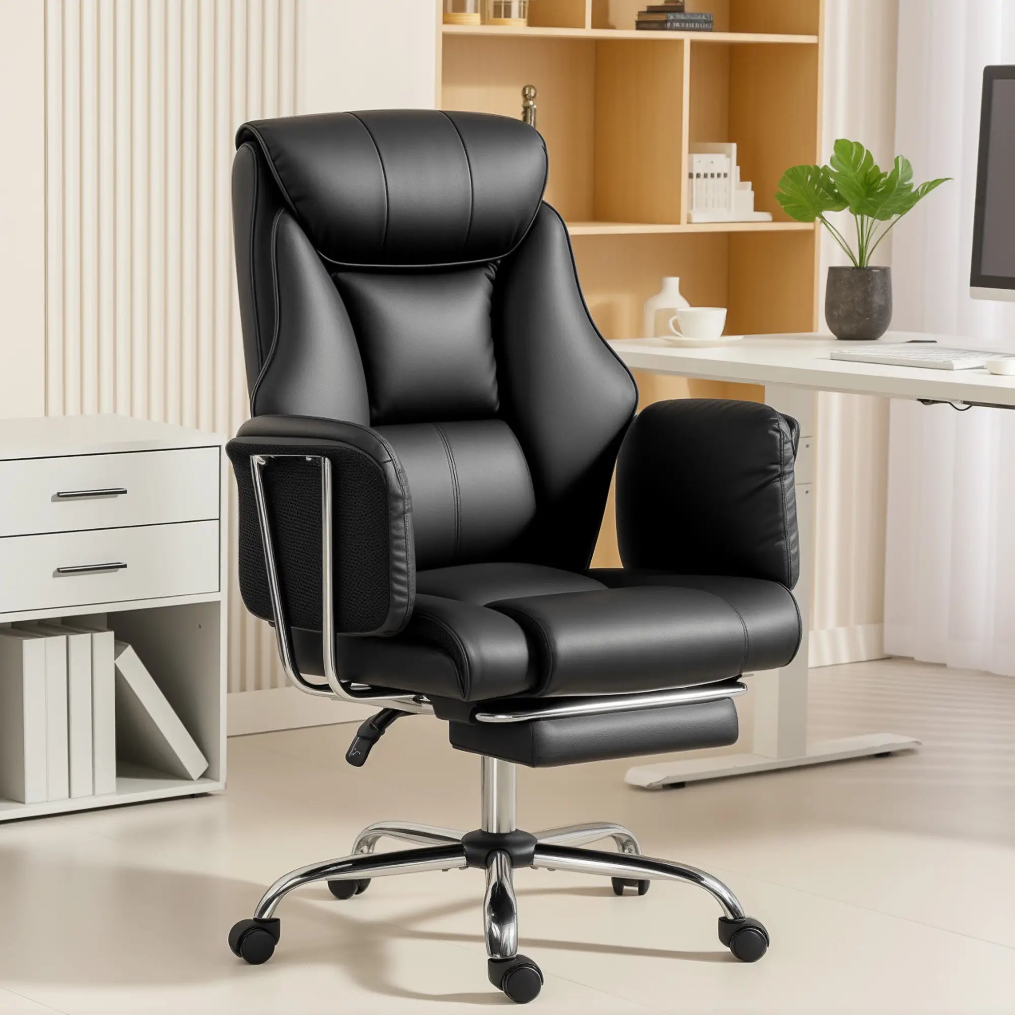 Reclining Office Chair, High Back Executive Desk Chair, PU Leather, Footrest, Swivel Wheels, Black Executive & Manager Chairs at Gallery Canada