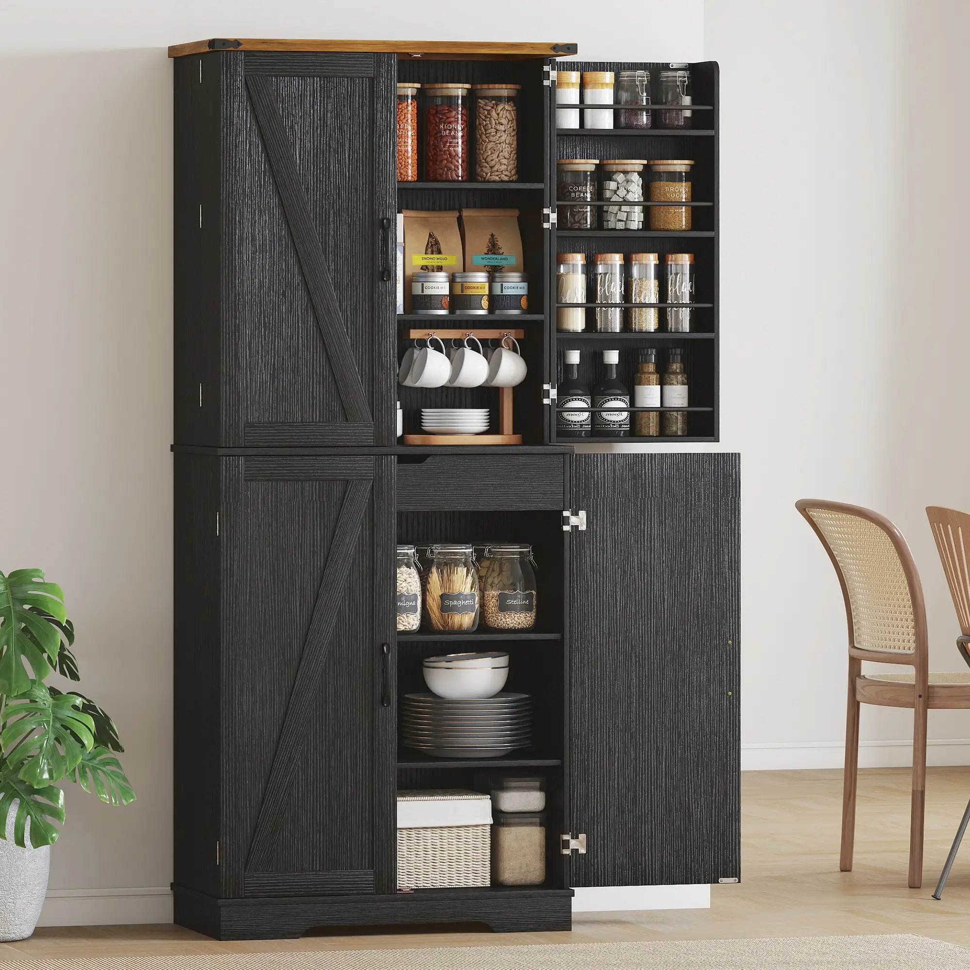 72 Inch Kitchen Pantry Cabinet, 4 Doors, Drawer, Shelves, Black Kitchen Pantry Cabinets at Gallery Canada