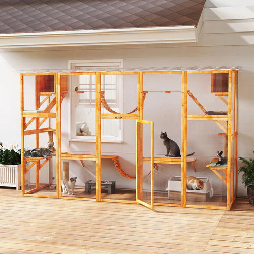 Large Outdoor Catio, Condos, Platforms, Doors, Ladders, Weather-Resistant Roof, Orange