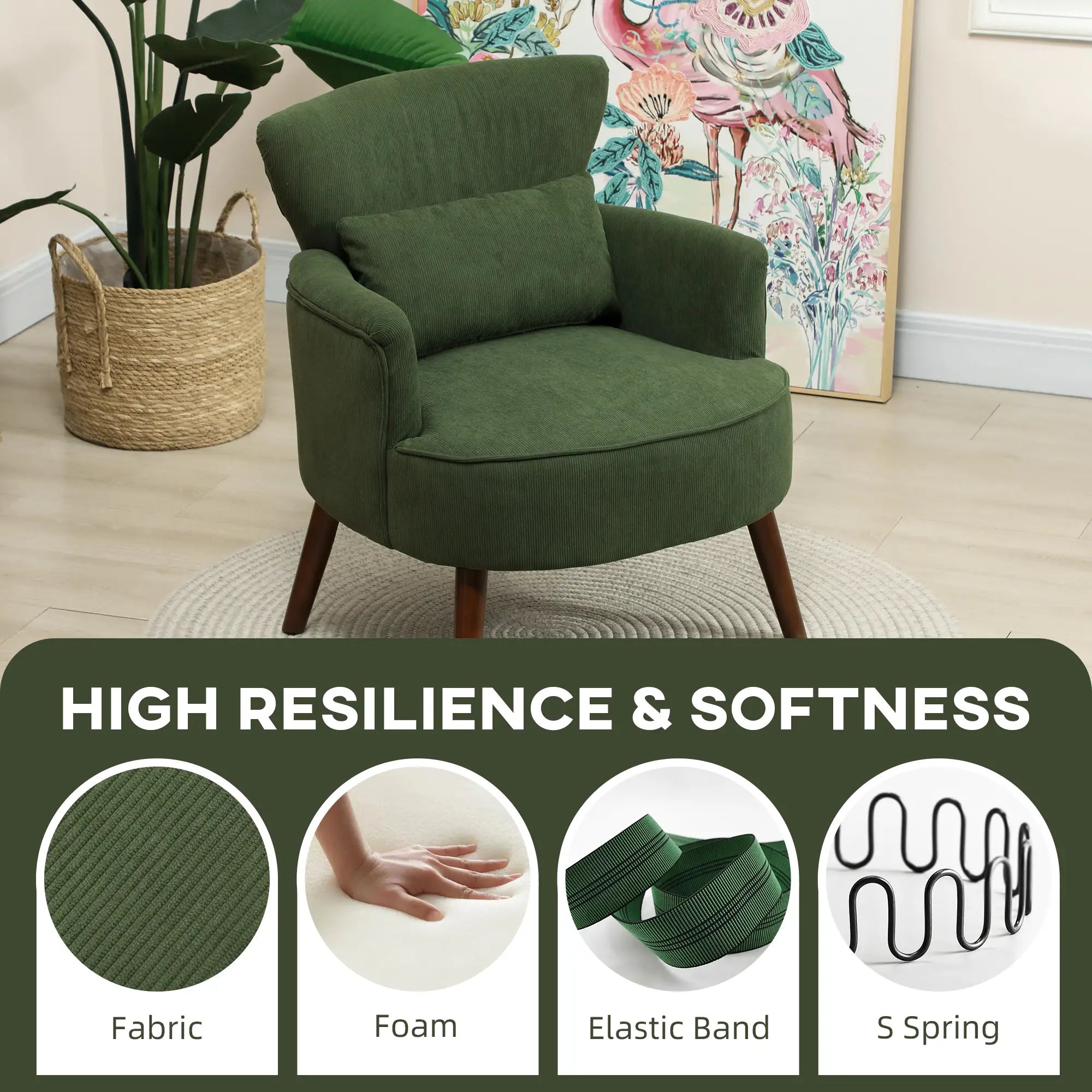 Modern Accent Chair, Upholstered Armchair, Solid Wood Legs, Lumbar Pillow, Green Accent Chairs at Gallery Canada