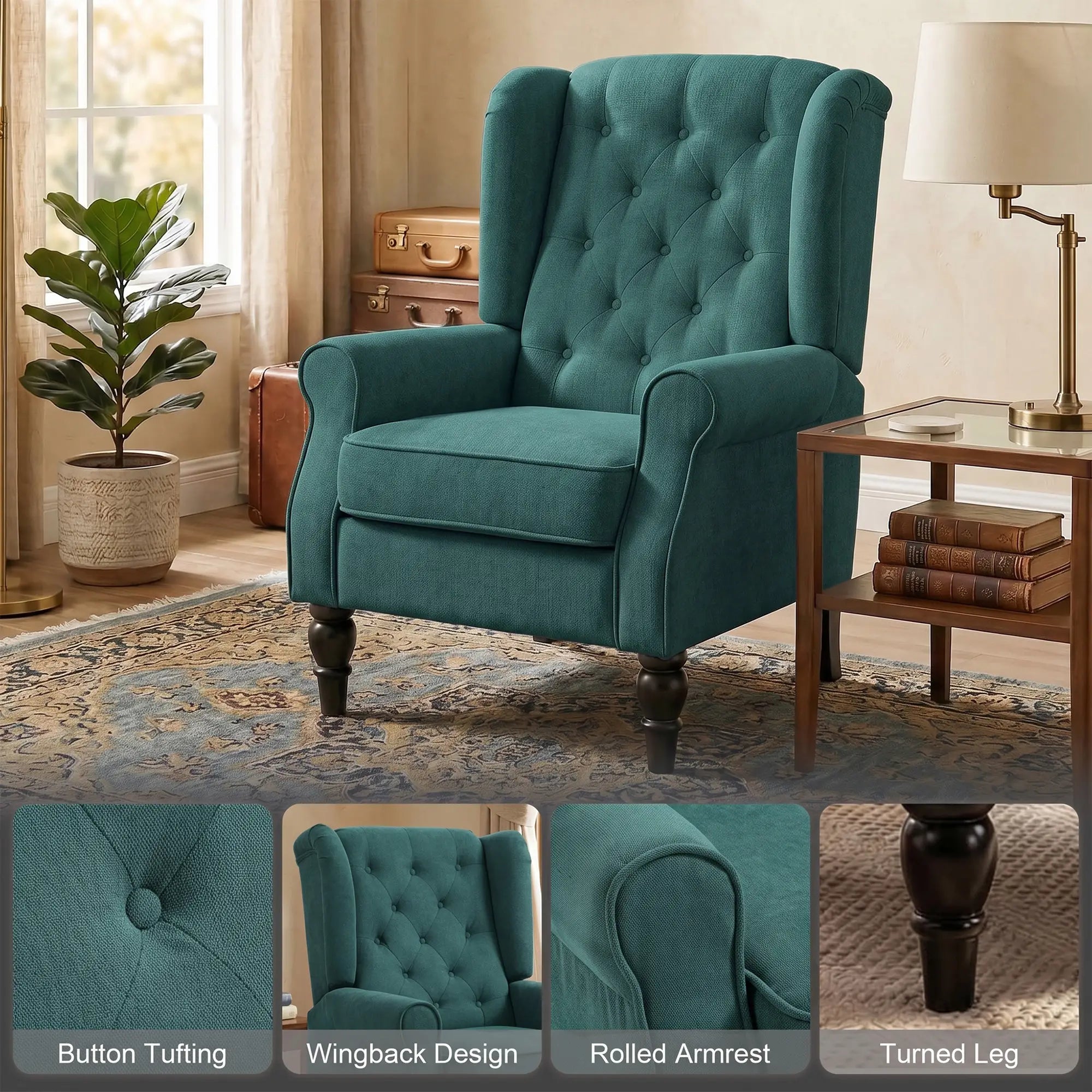 Fabric Accent Chair, Button Tufted, Wood Legs, Dark Green Accent Chairs at Gallery Canada