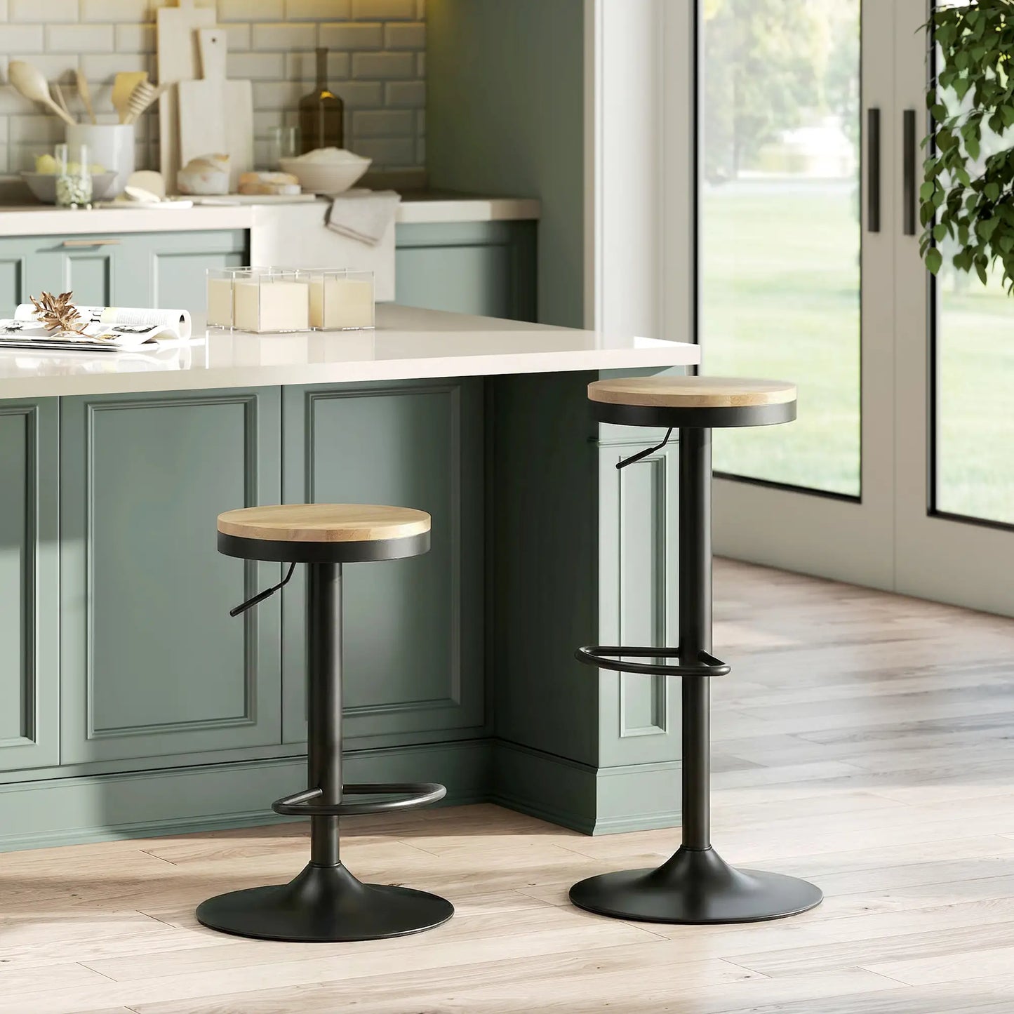 Wood Swivel Barstools Set Of 2, Adjustable Height, Natural Wood And Black, Black Bar Stools at Gallery Canada