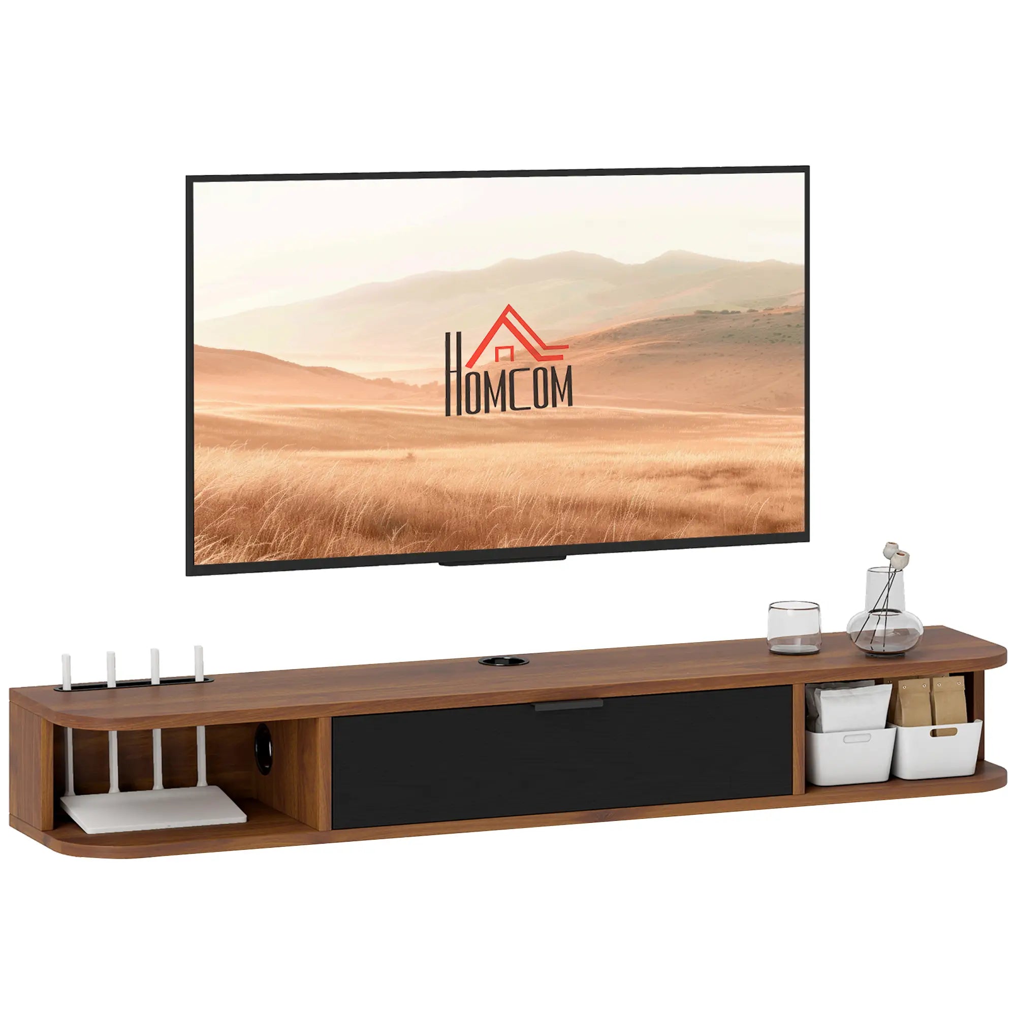 47 Inch Floating TV Stand, Wall Mounted Media Console, Flip Drawer, 2 Open Shelves, Walnut TV Stands at Gallery Canada