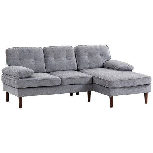 Modern Corner Couch with Right Chaise Lounge, Tufted 3-Seater Sofa with Wooden Legs for Living Room, Grey