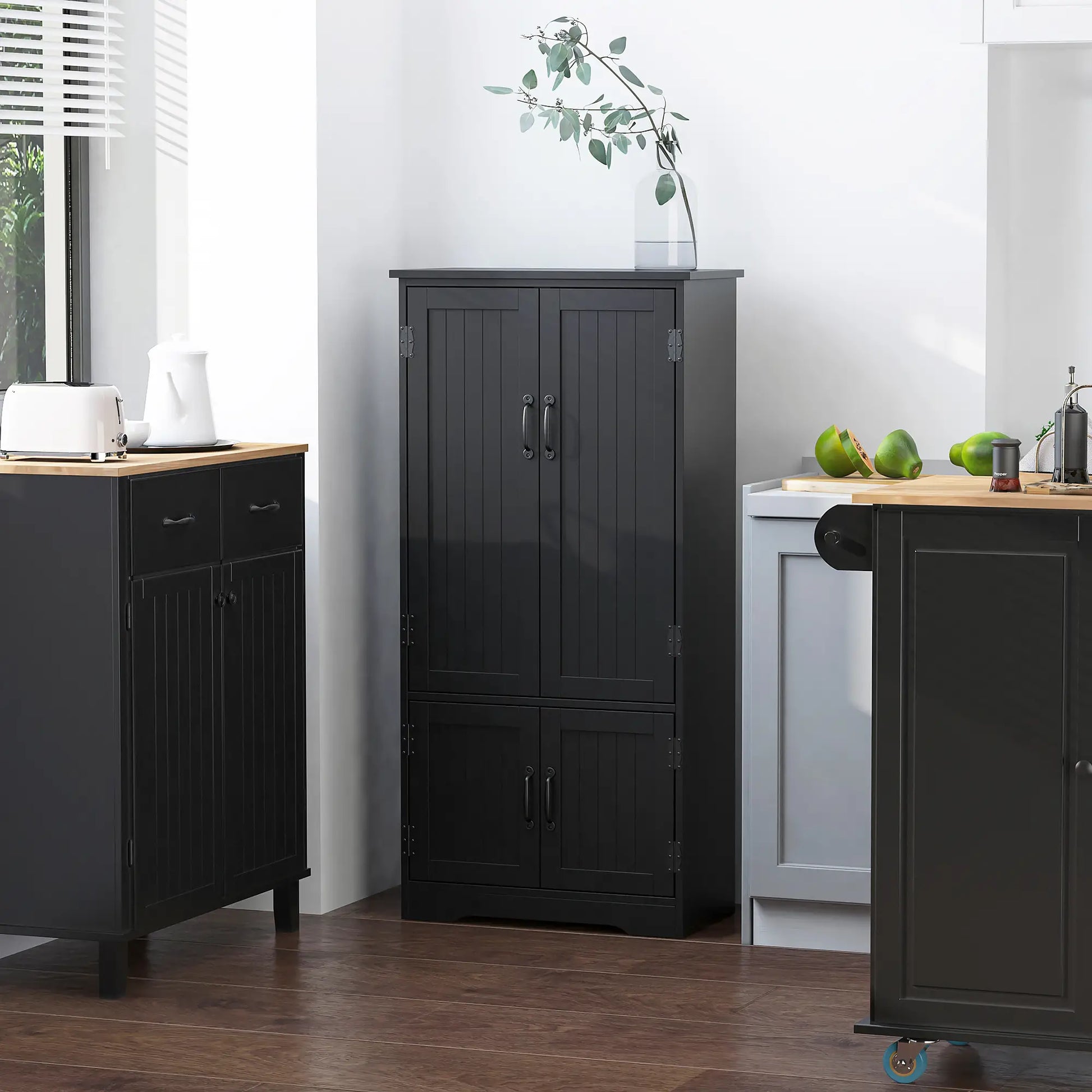 48" 4-Door Storage Cabinet, Adjustable Shelves, Black Kitchen Pantry Cabinets at Gallery Canada