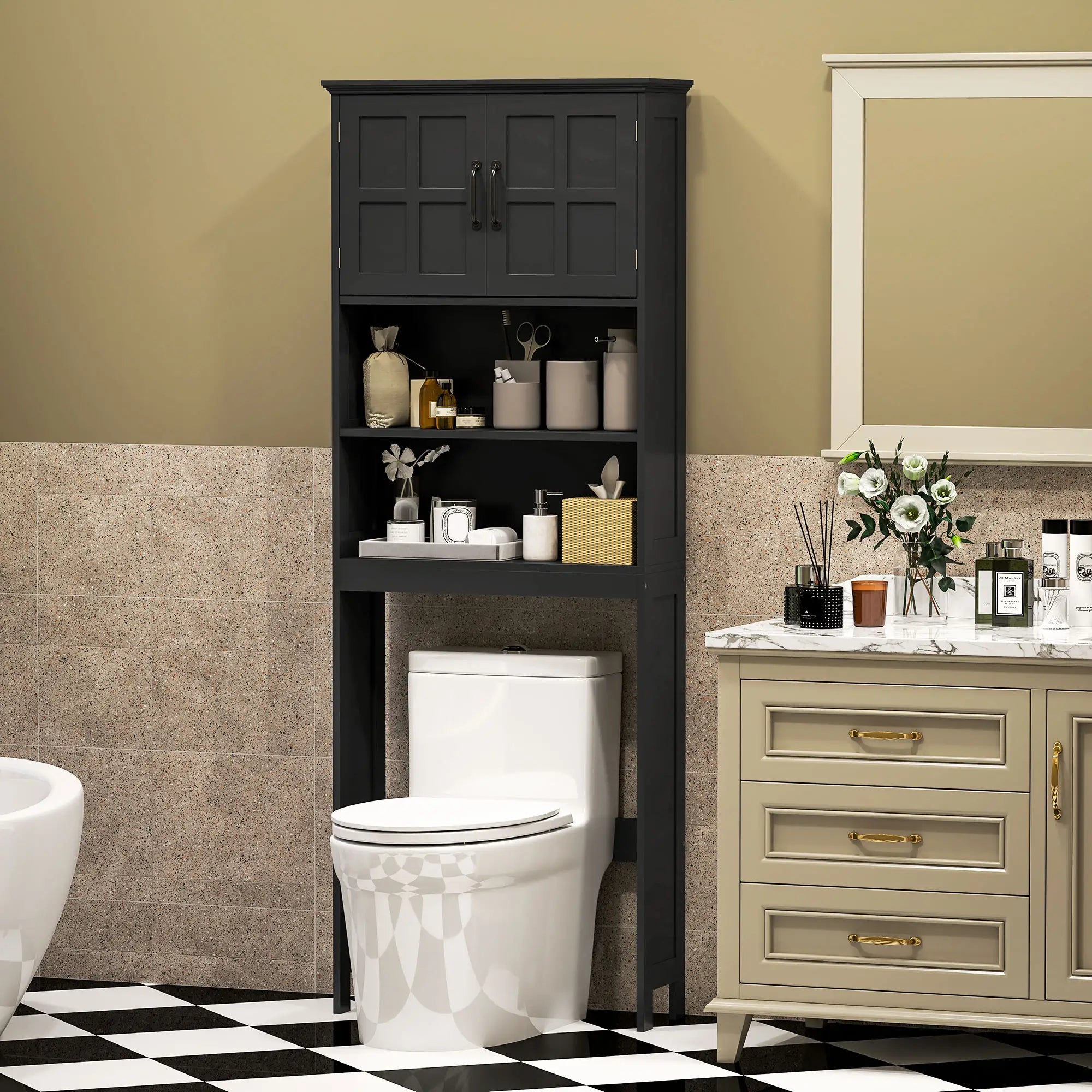 Modern Over Toilet Storage, Bathroom Cabinet with Shelves, Double Door, Black Bathroom Cabinets at Gallery Canada
