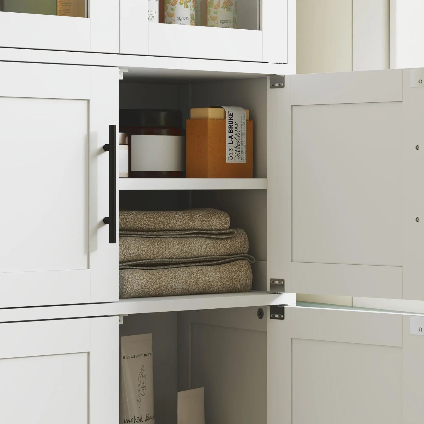 67" Tall Bathroom Storage Cabinet, Glass Doors, Adjustable Shelves, White Bathroom Cabinets at Gallery Canada