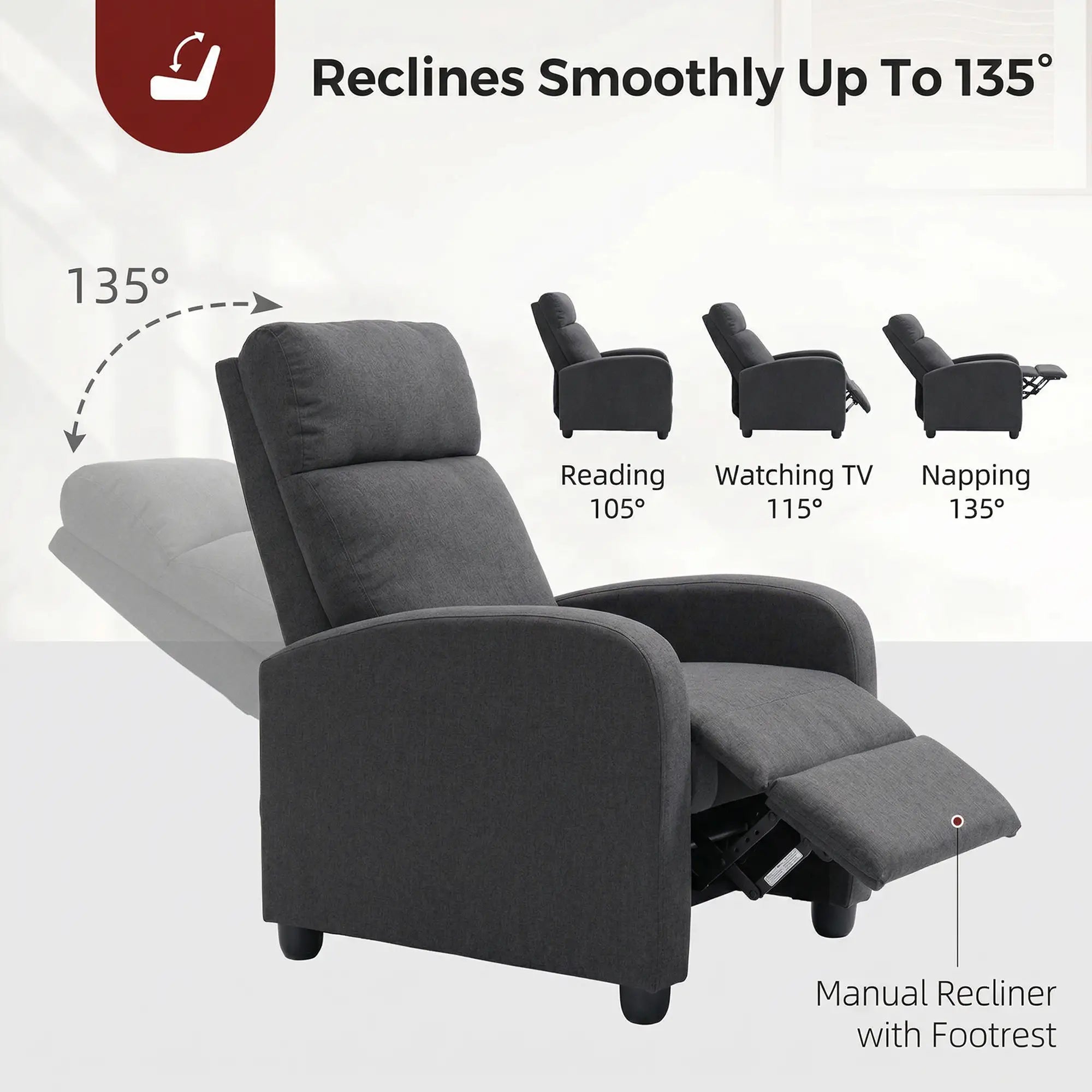 Manual Fabric Recliner Chair, Home Theater Seating, Dark Grey Single Sofas at Gallery Canada