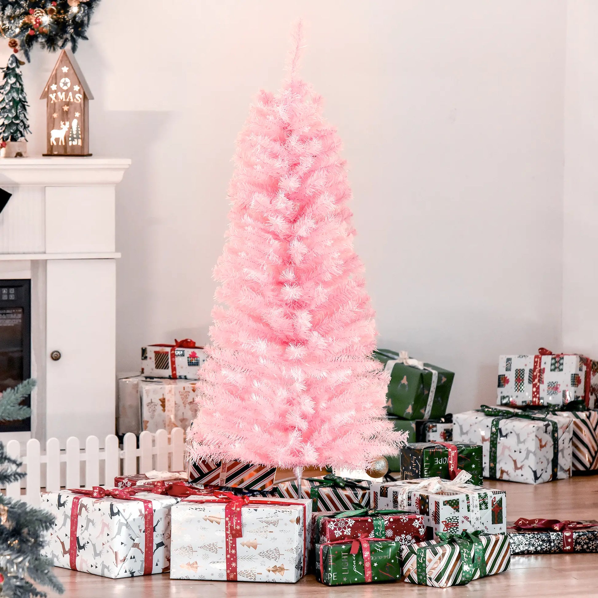 4FT Artificial Christmas Tree Holiday Xmas Holiday Pencil Tree Decoration with Automatic Open for Home Party, Pink Artificial Christmas Trees at Gallery Canada