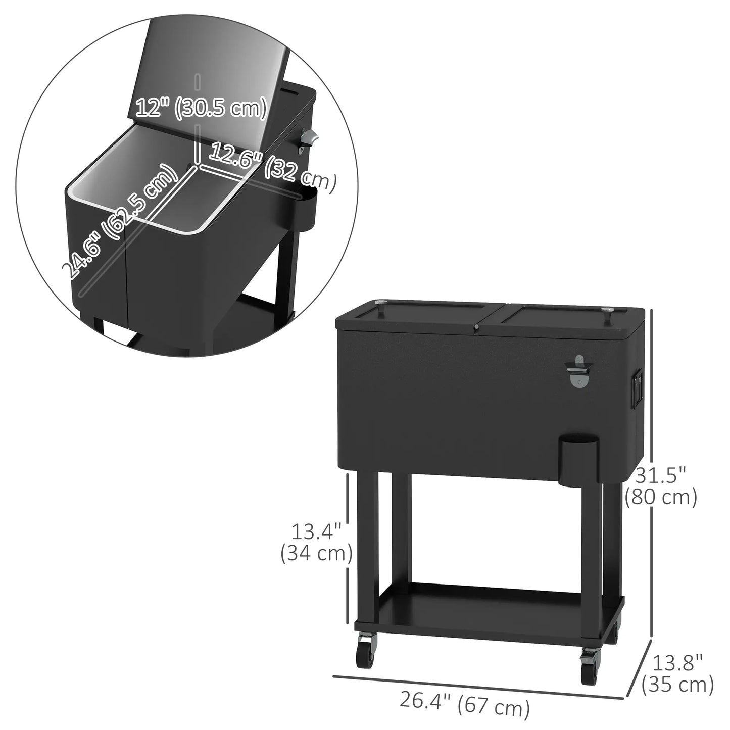 60 Quart Rolling Outdoor Cooler, Portable Cart with Wheels, Storage Shelf, Black Cooler Boxes at Gallery Canada