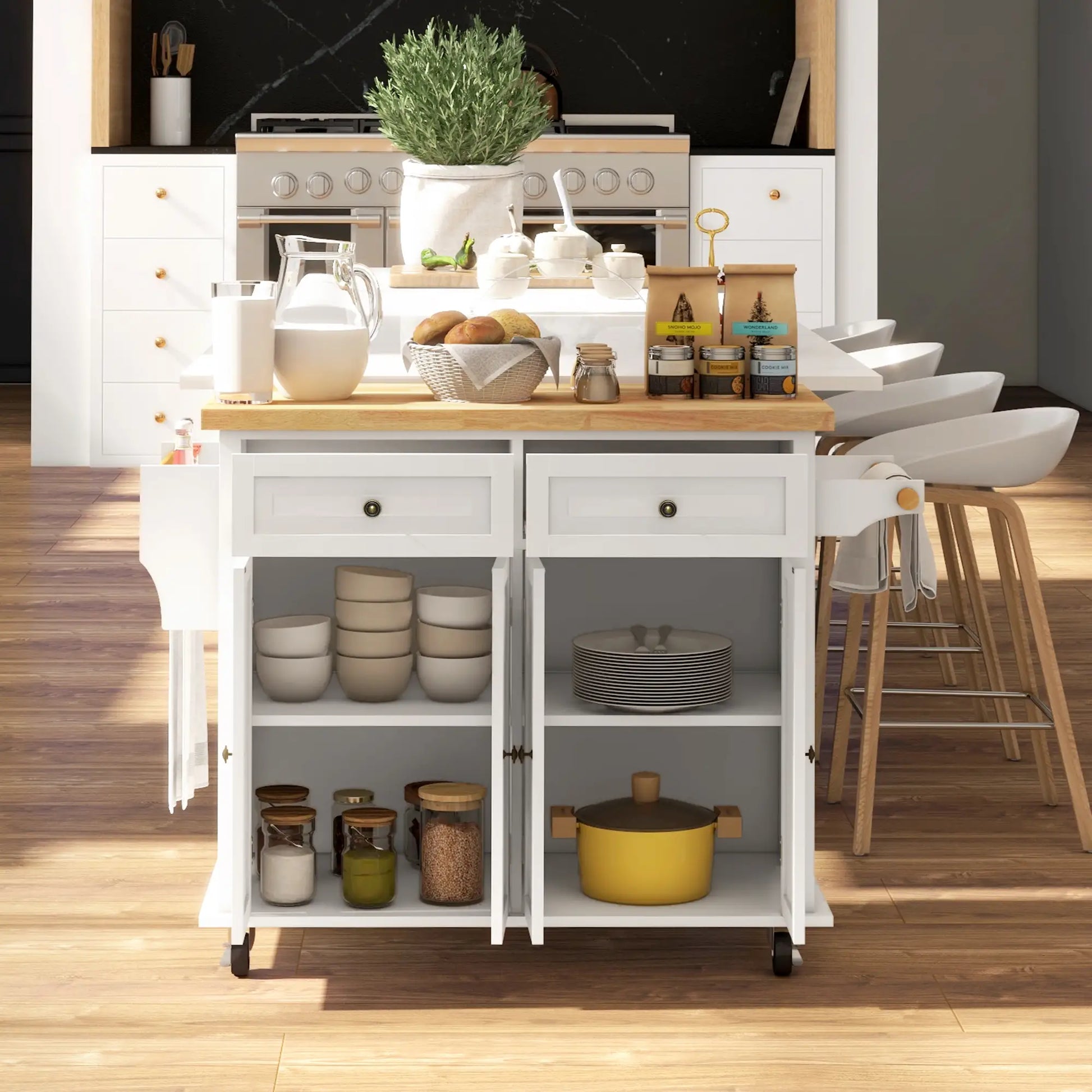 Kitchen Island with Storage, Rolling Cart, Rubber Wood Top, Cream White Kitchen Islands & Kitchen Carts at Gallery Canada