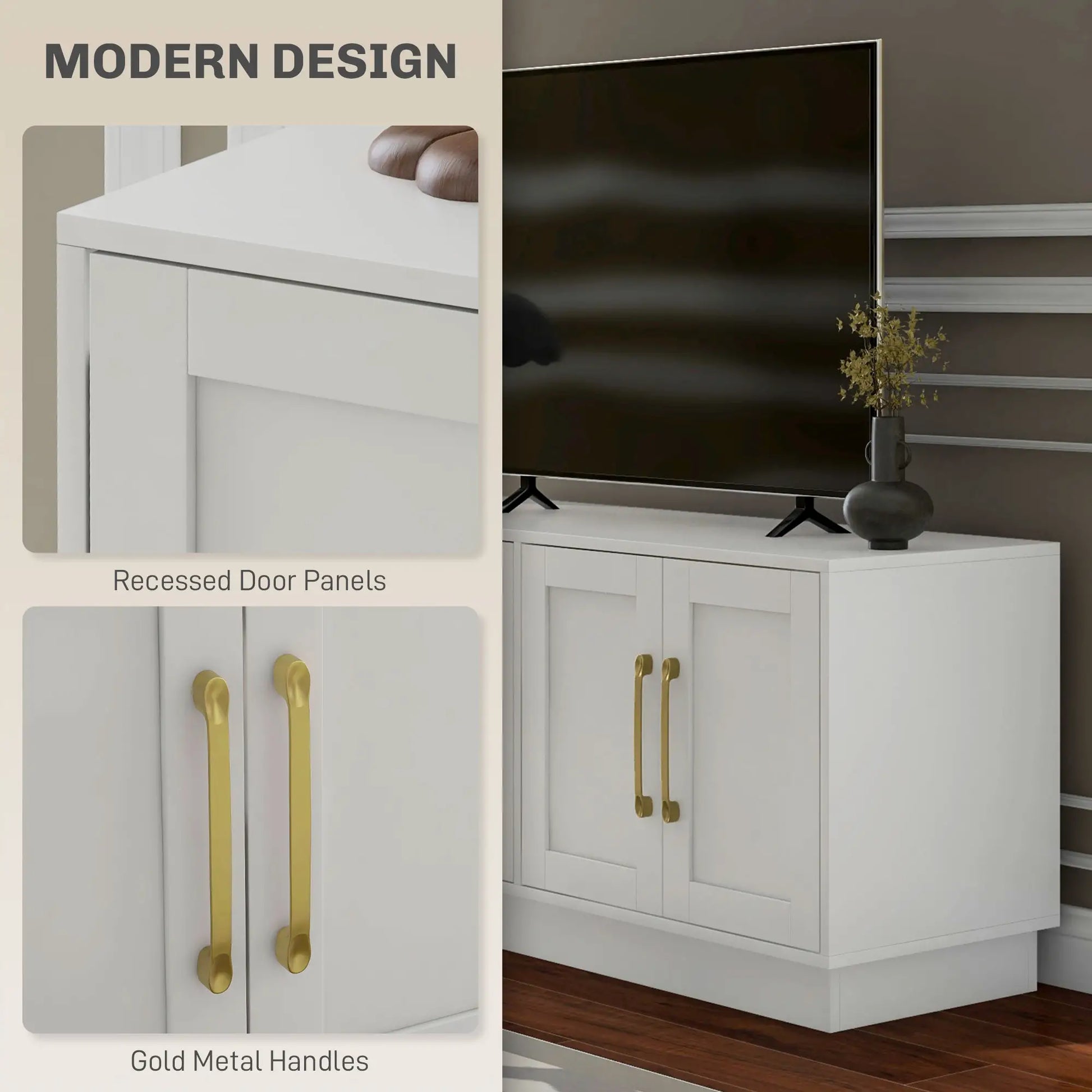 Modern TV Stand for 55" TV, Cabinet with 4 Doors, 2 Shelves, White TV Stands at Gallery Canada