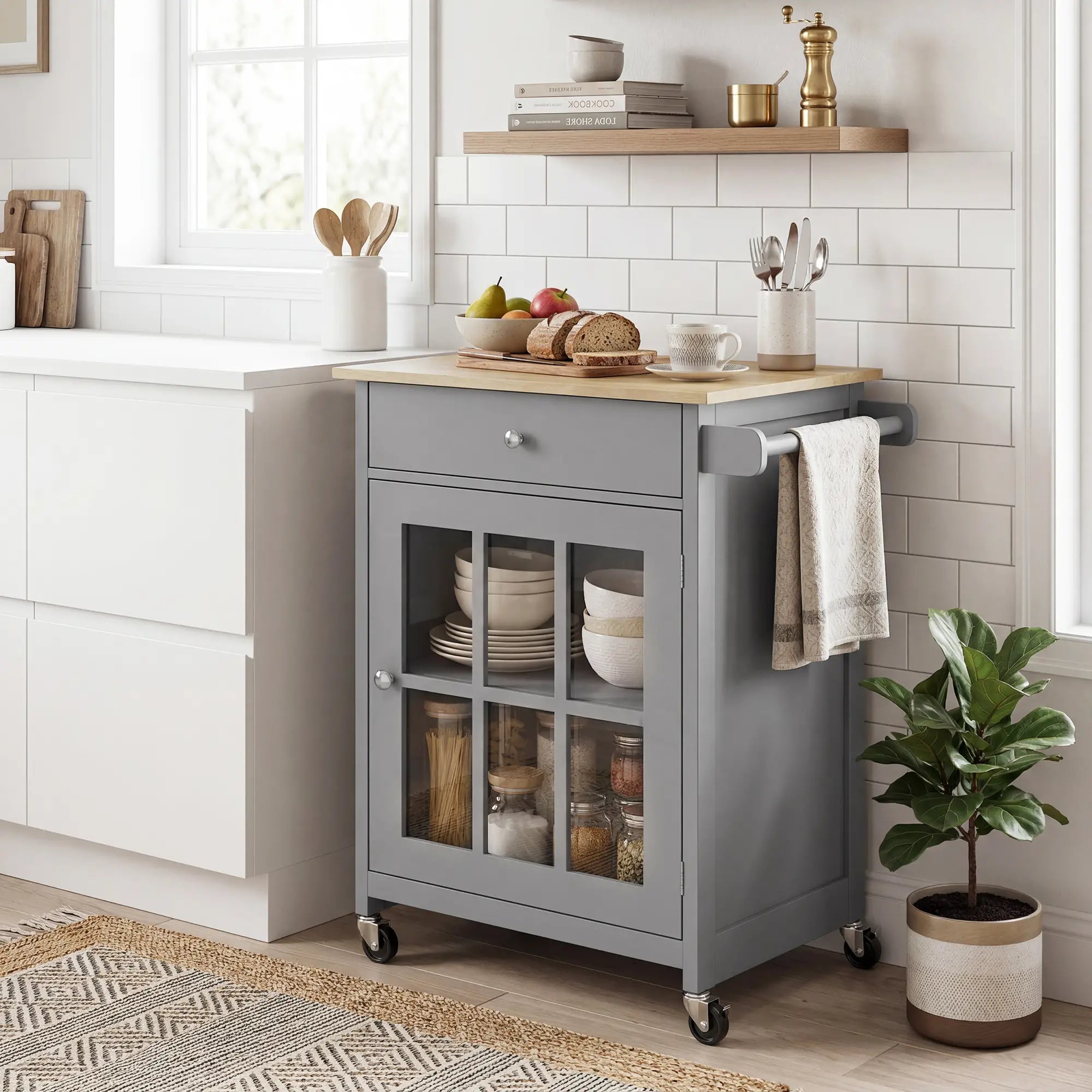 Rolling Kitchen Cart with Drawer and Glass Door Cabinet, Kitchen Island on Wheels with Towel Rack, Dark Grey Kitchen Islands & Kitchen Carts at Gallery Canada