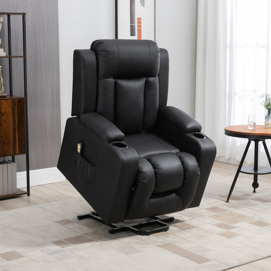 Electric Power Lift Chair, PU Leather Recliner Sofa with Footrest, Remote Control and Cup Holders, Black - Gallery Canada