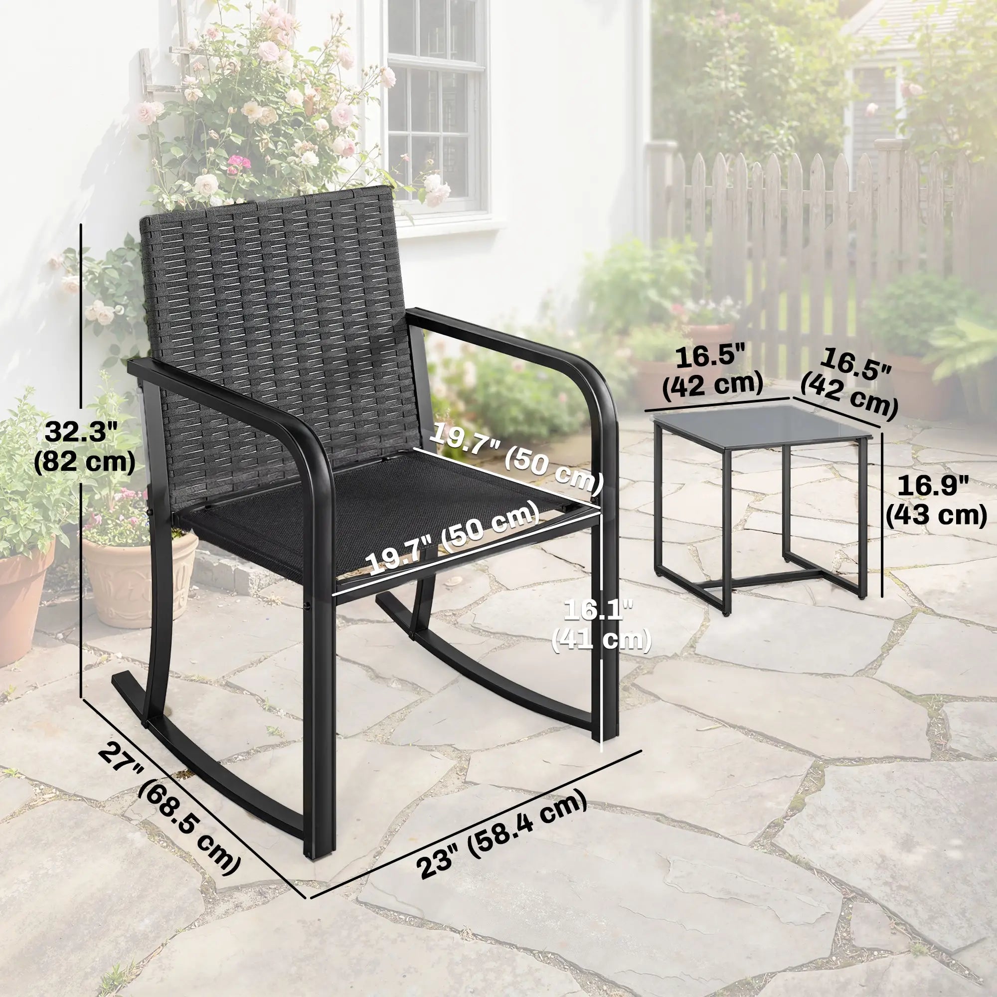 3 Piece Rocking Bistro Set, Glass Coffee Table, Cream White Bistro Sets at Gallery Canada