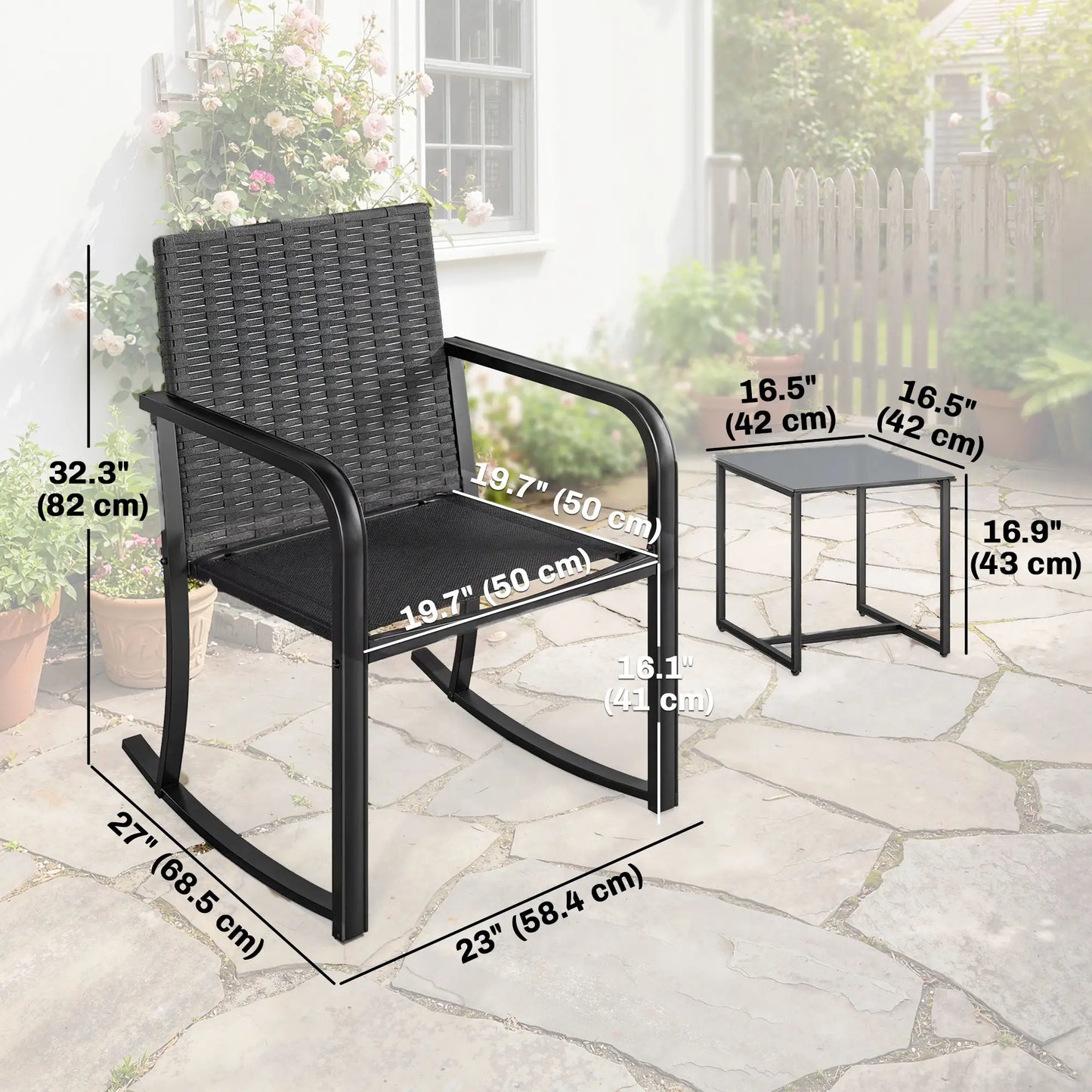 3 Piece Rocking Bistro Set, Glass Coffee Table, Cream White Bistro Sets at Gallery Canada