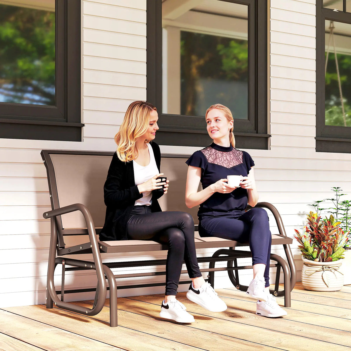 Outdoor Glider Bench, 2 Person Patio Mesh Garden Swing, Coffee Brown Outdoor Gliders at Gallery Canada