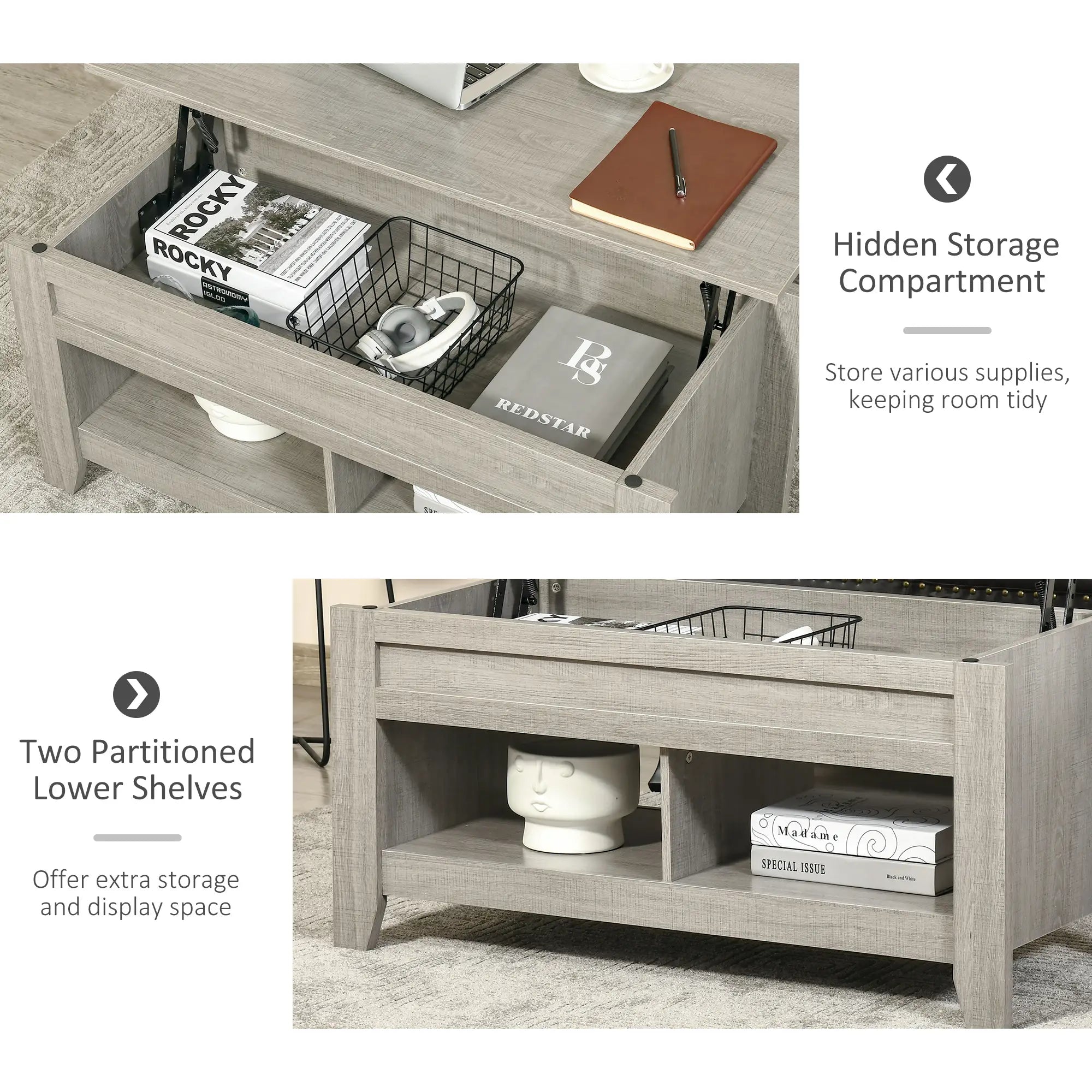 Lift Top Coffee Table, Hidden Storage, Open Shelves, Light Grey Coffee Tables at Gallery Canada