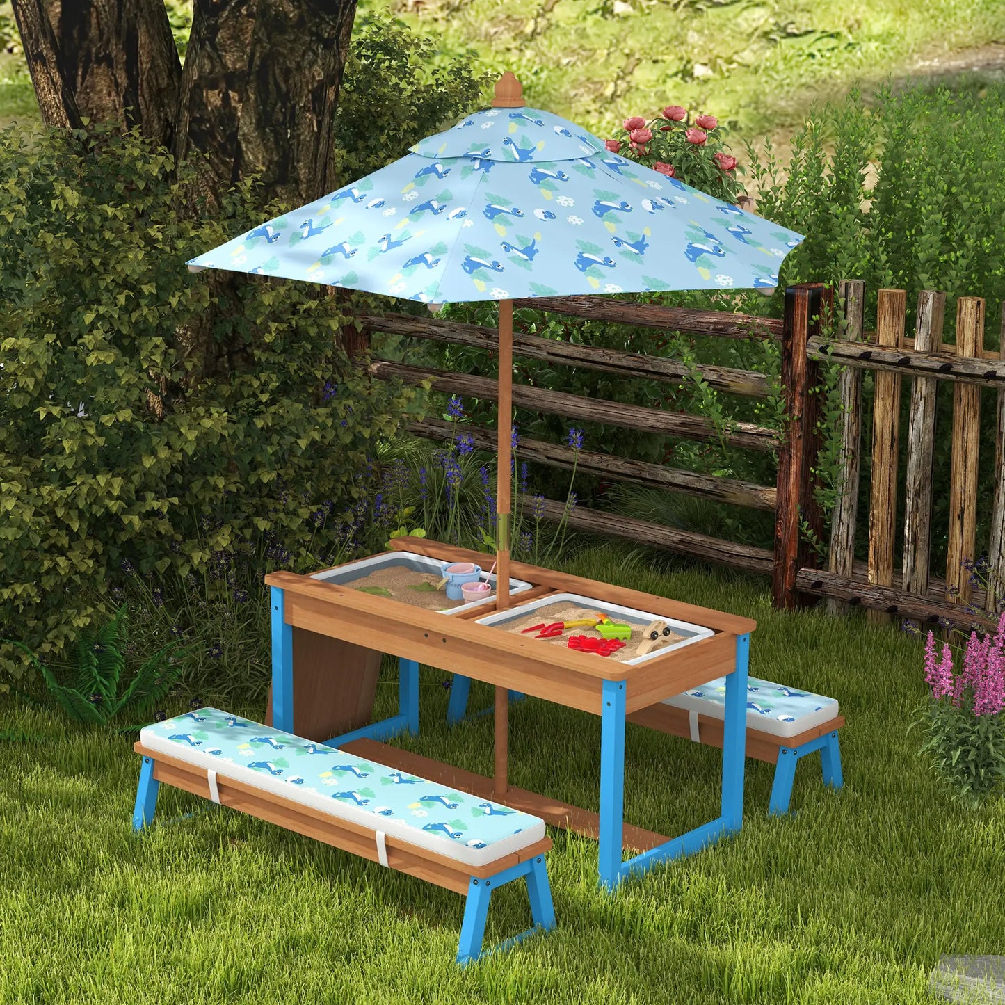 Kids Picnic Table Bench Set with Umbrella, Cushions, Boxes, Dinosaur Theme, Blue Kids Outdoor Furniture at Gallery Canada