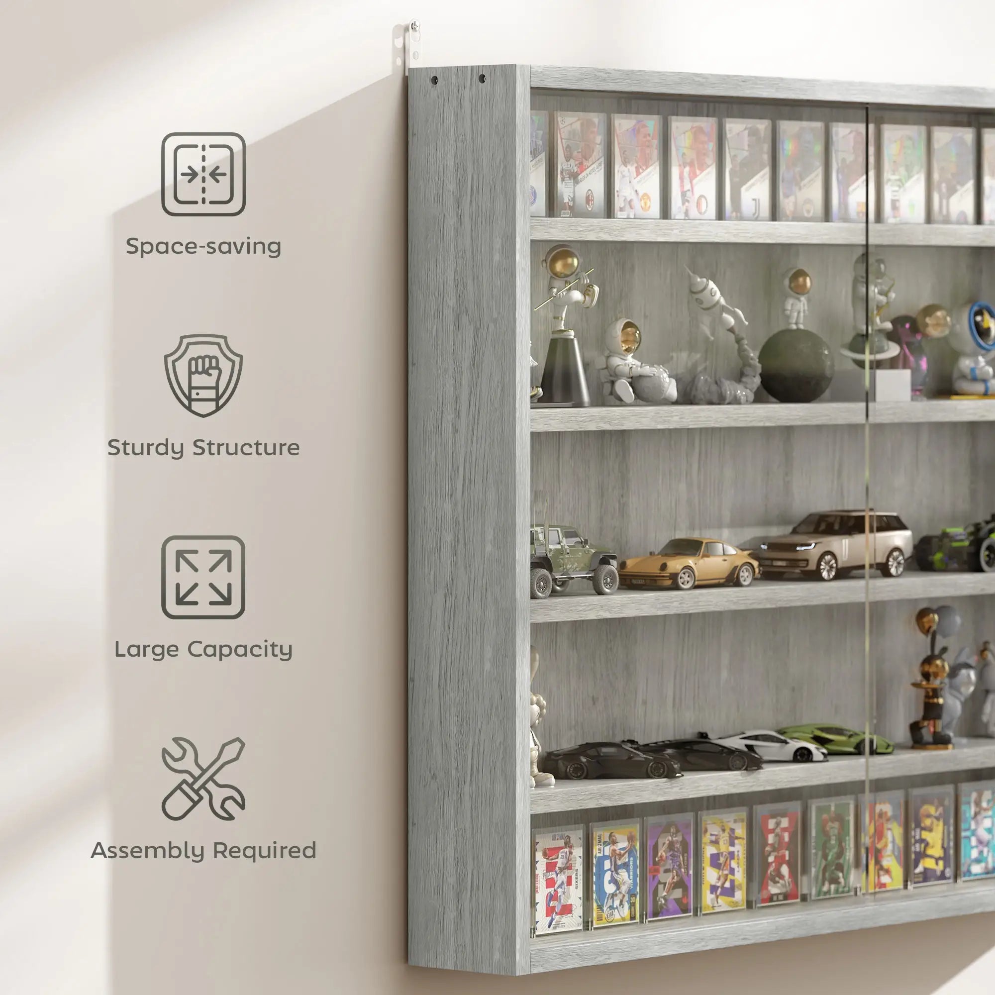 5-Tier Glass Display Cabinet, 2 Doors, 4 Adjustable Shelves, Grey Display Bookshelves at Gallery Canada