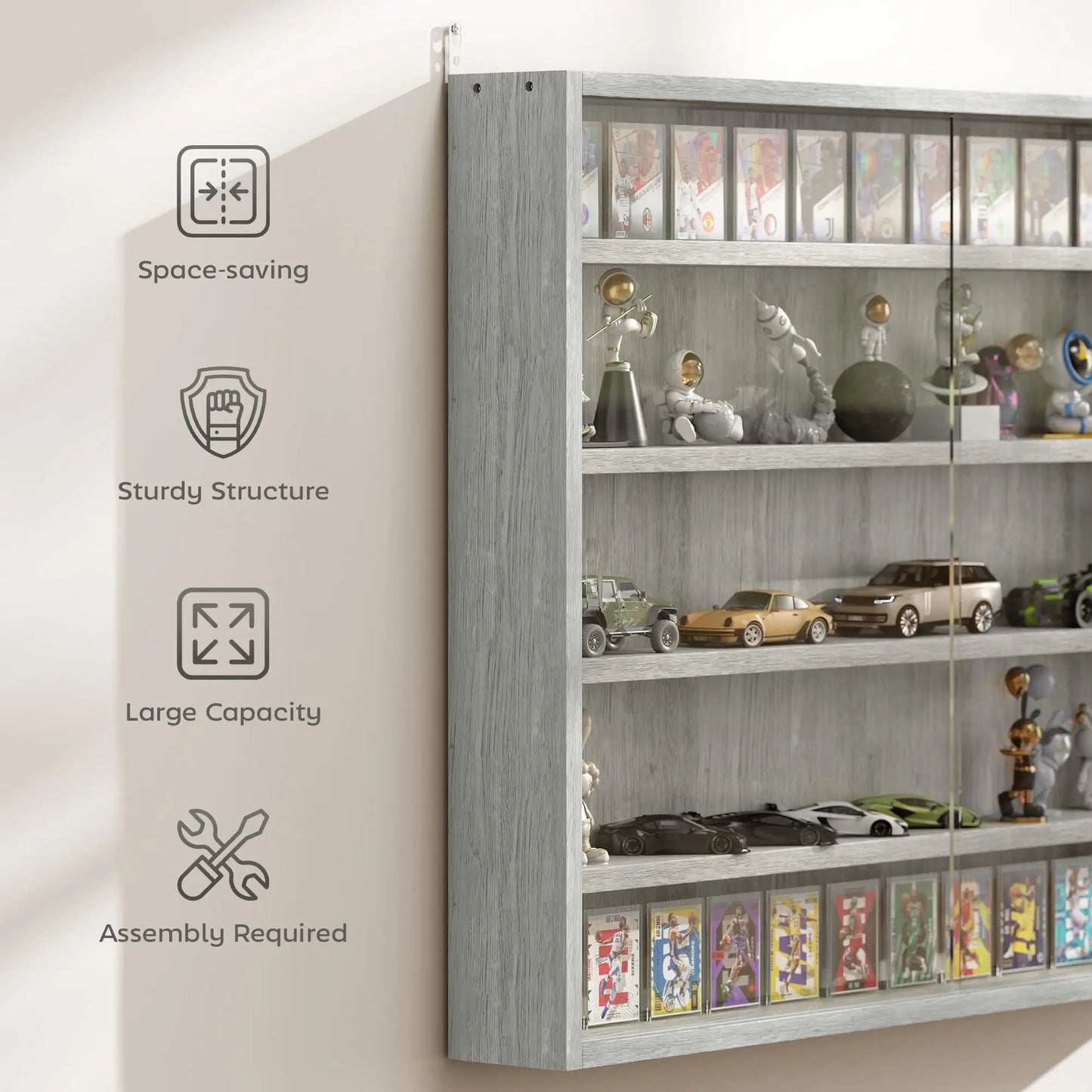 5-Tier Glass Display Cabinet, 2 Doors, 4 Adjustable Shelves, Grey Display Bookshelves at Gallery Canada