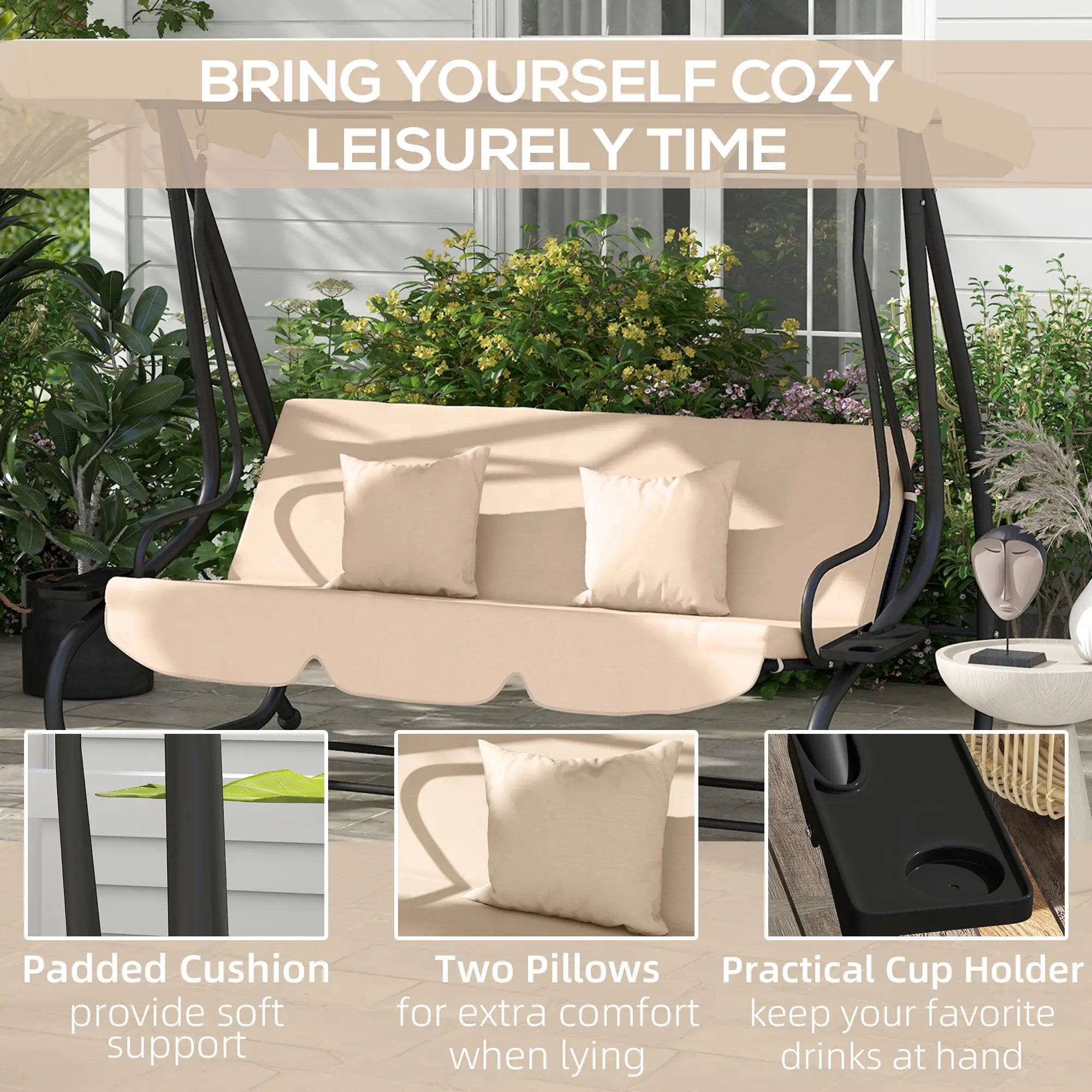 3-Seat Outdoor Swing Chair, Adjustable Canopy, Removable Cushions, Light Brown Porch Swings with Canopy at Gallery Canada