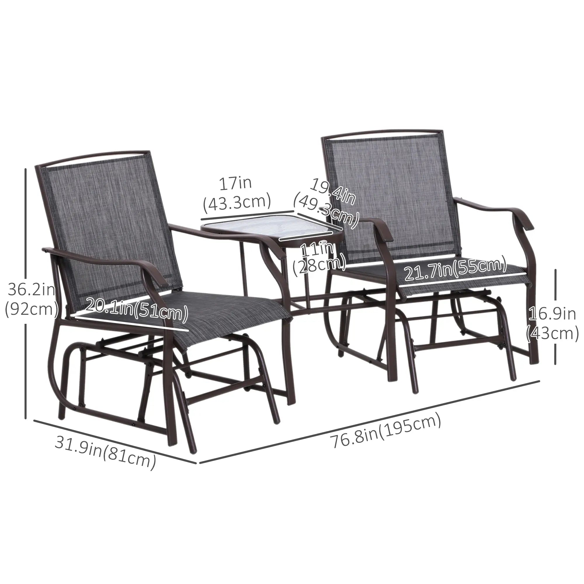Double Glider Chair with Glass Top Table, Outdoor High Back, Grey Outdoor Gliders at Gallery Canada