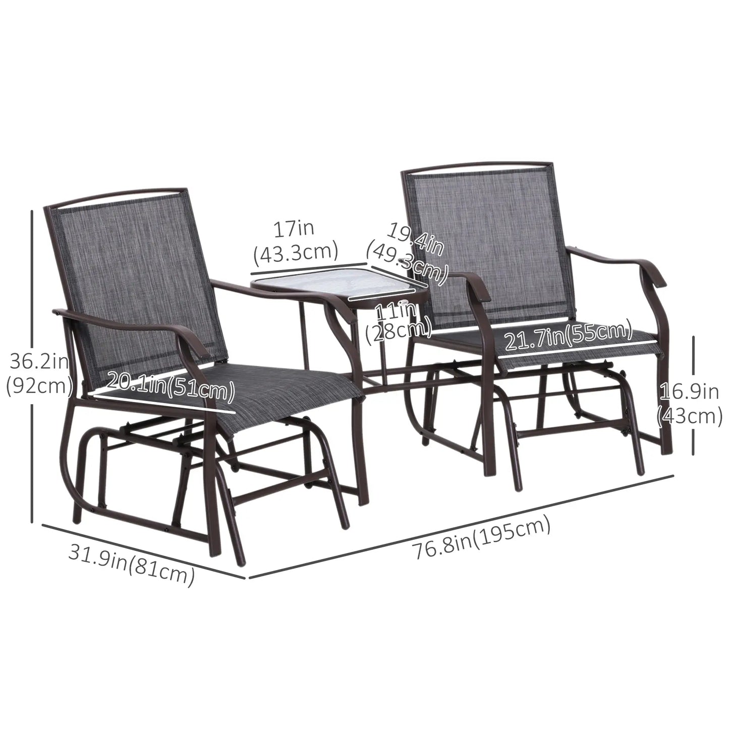 Double Glider Chair with Glass Top Table, Outdoor High Back, Grey Outdoor Gliders at Gallery Canada