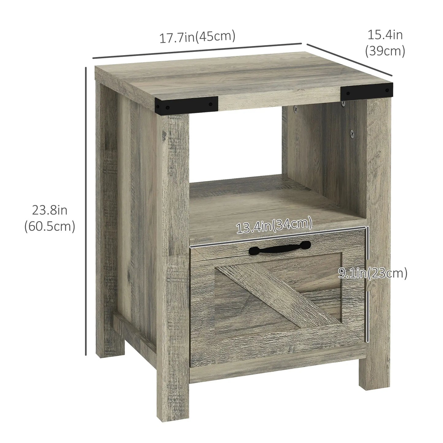 Farmhouse Side Table with Storage, Drawer, Open Shelf, Grey Side Tables at Gallery Canada