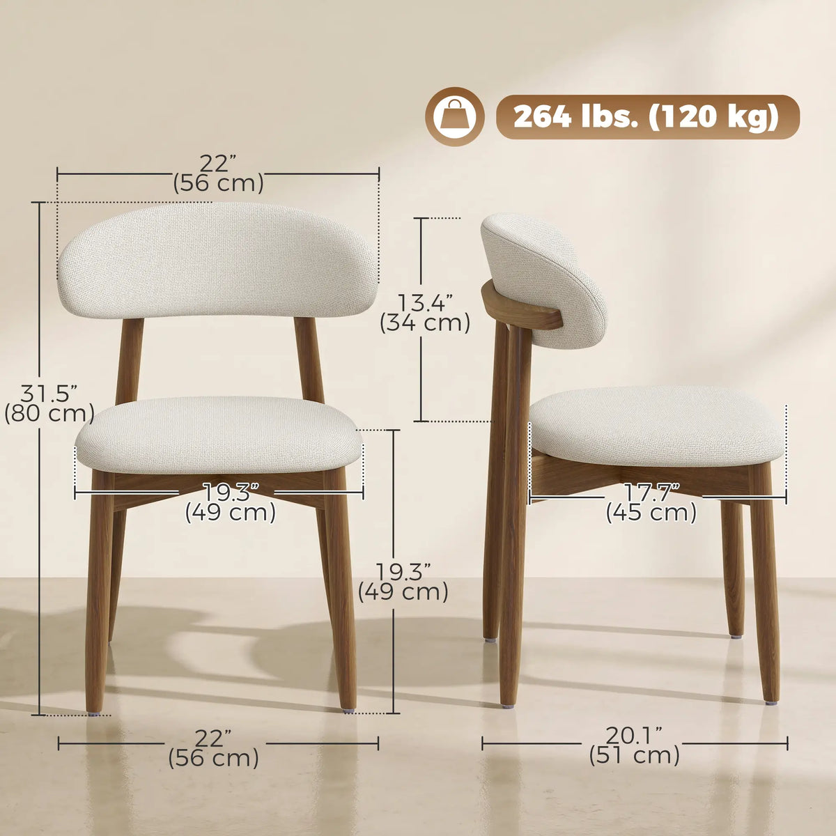 Faux Linen Dining Chairs Set of 2 Cream White Rubberwood Legs, Cream White