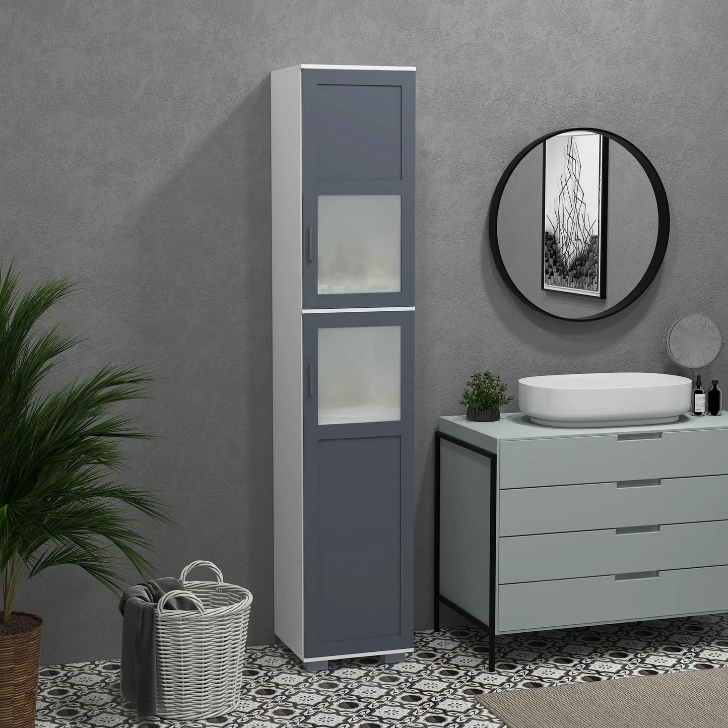75" Tall Bathroom Storage Cabinet, Matte Glass Doors, 5-Tier Shelving, Grey, White Bathroom Cabinets at Gallery Canada