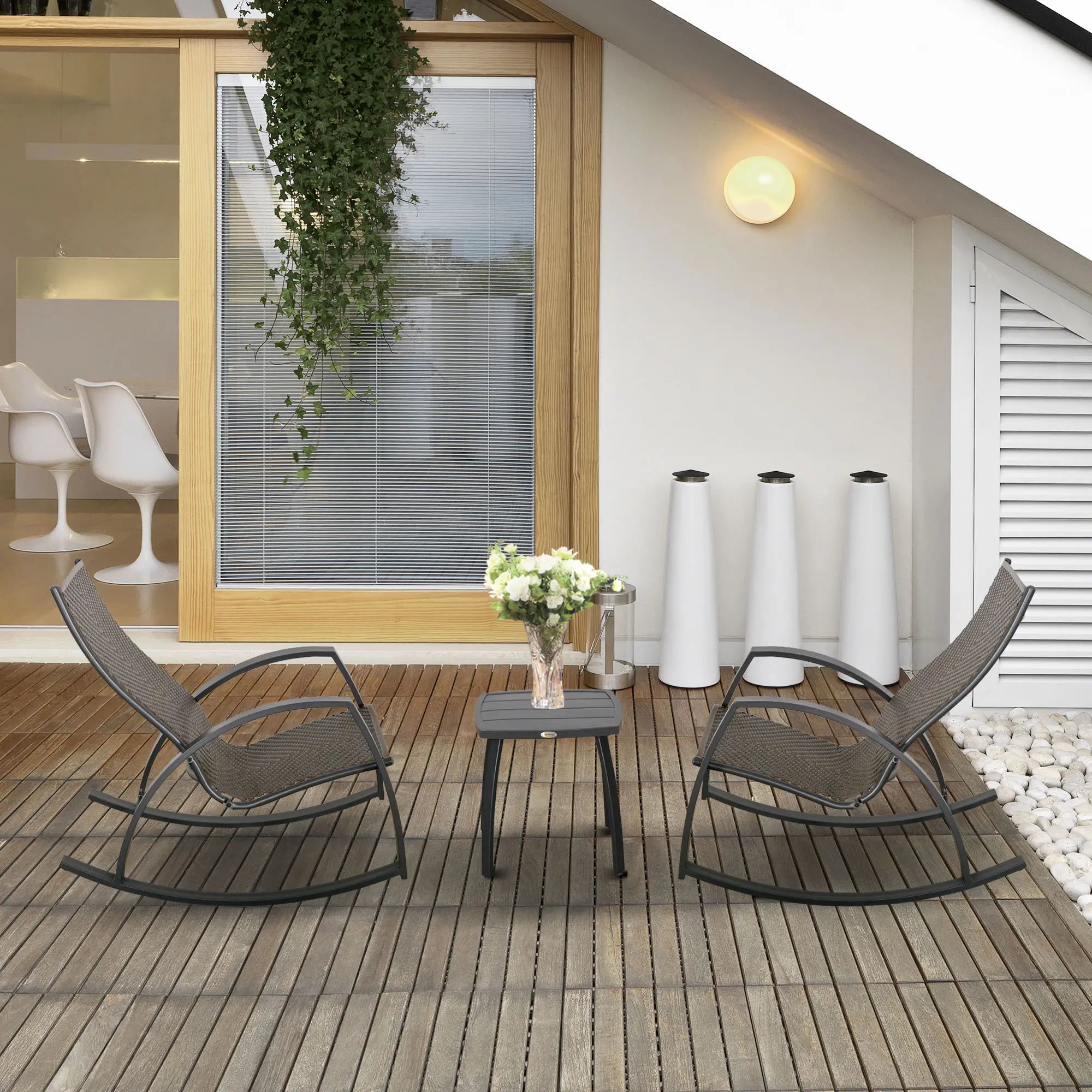 3 Pc Patio Wicker Rocking Chair Set, Outdoor PE Rattan, Brown Outdoor Rocking Chairs at Gallery Canada