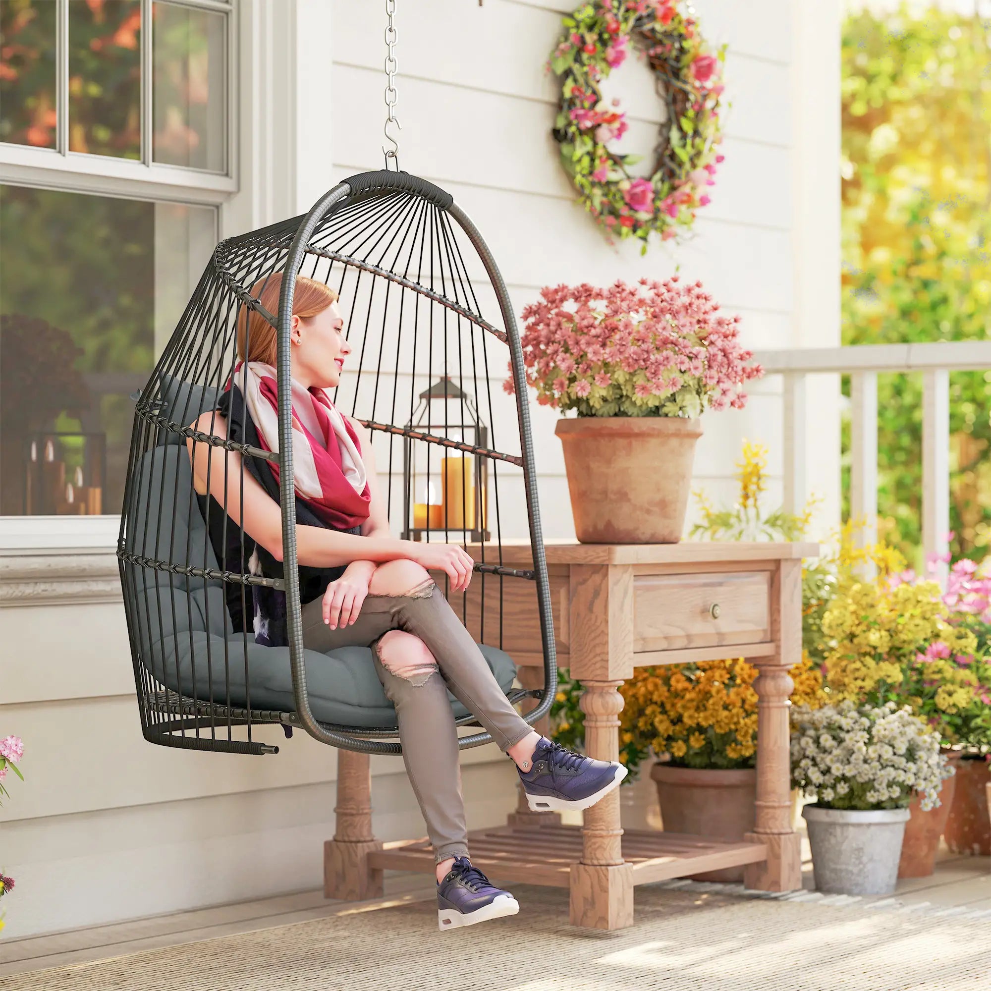 Hanging Egg Chair, Foldable Rattan Garden Swing, Dark Grey Patio Chairs at Gallery Canada