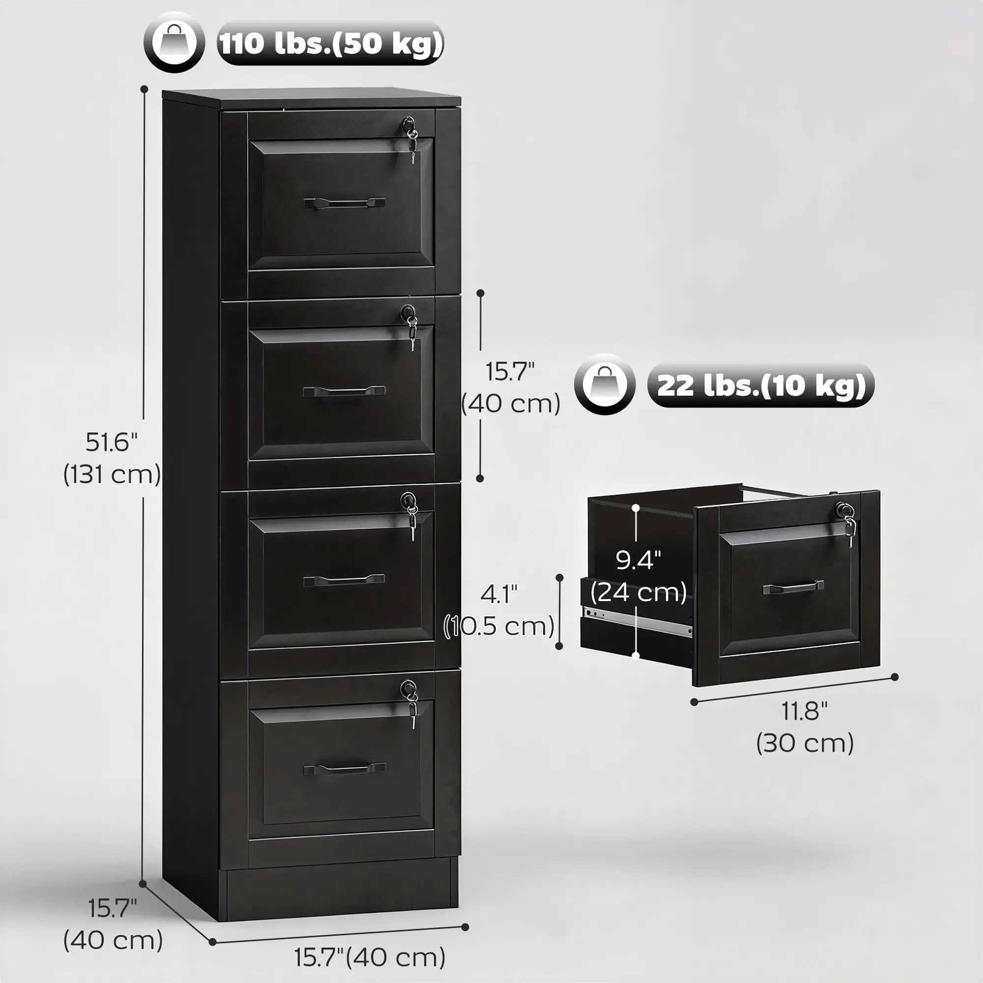 4 Drawer File Cabinet With Lock, Adjustable Hanging Bars, Black Office Cabinets & Cupboards at Gallery Canada