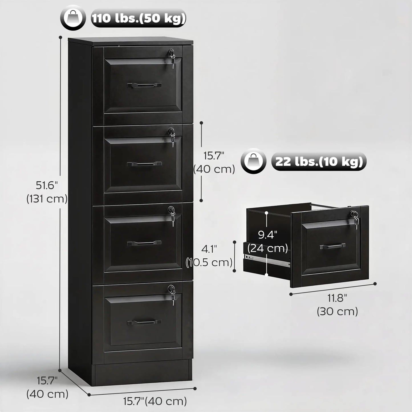 4 Drawer File Cabinet With Lock, Adjustable Hanging Bars, Black Office Cabinets & Cupboards at Gallery Canada