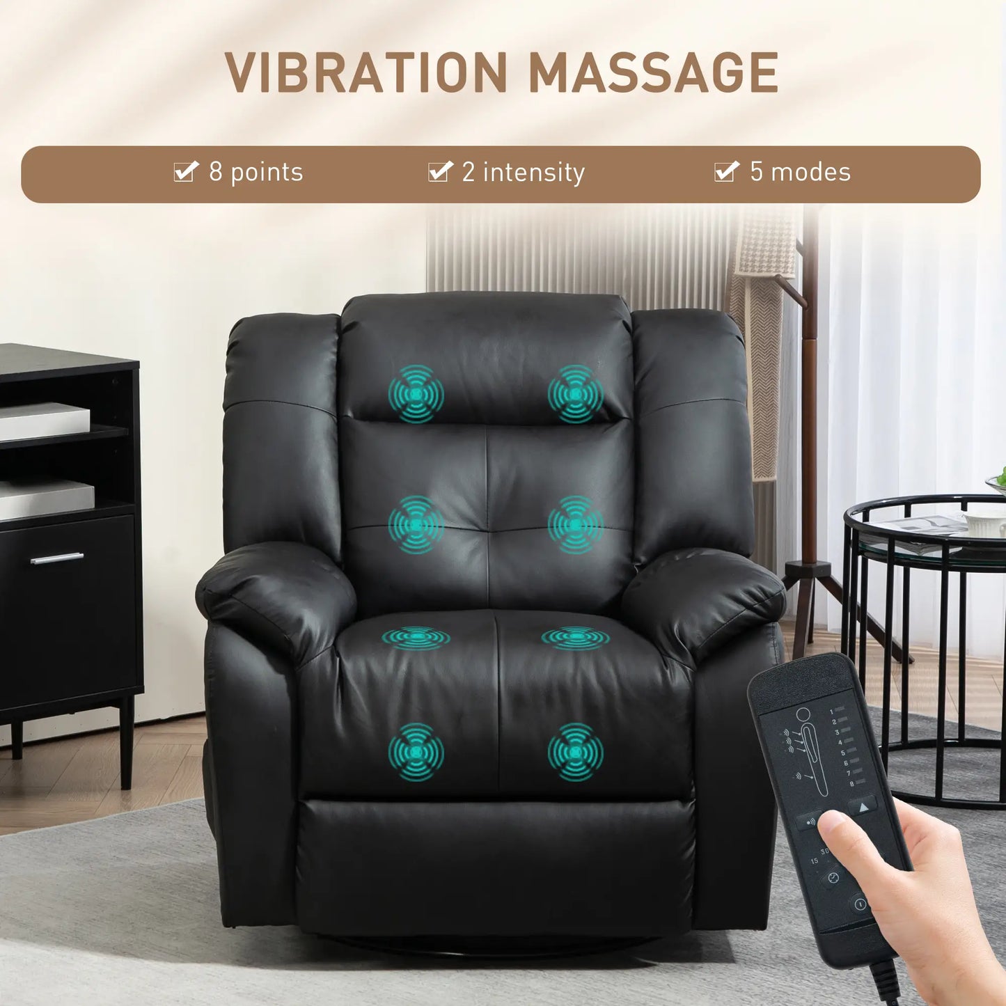 8-Point Vibration Massage Recliner Chair, PU Leather, 360° Swivel, Black Single Sofas at Gallery Canada